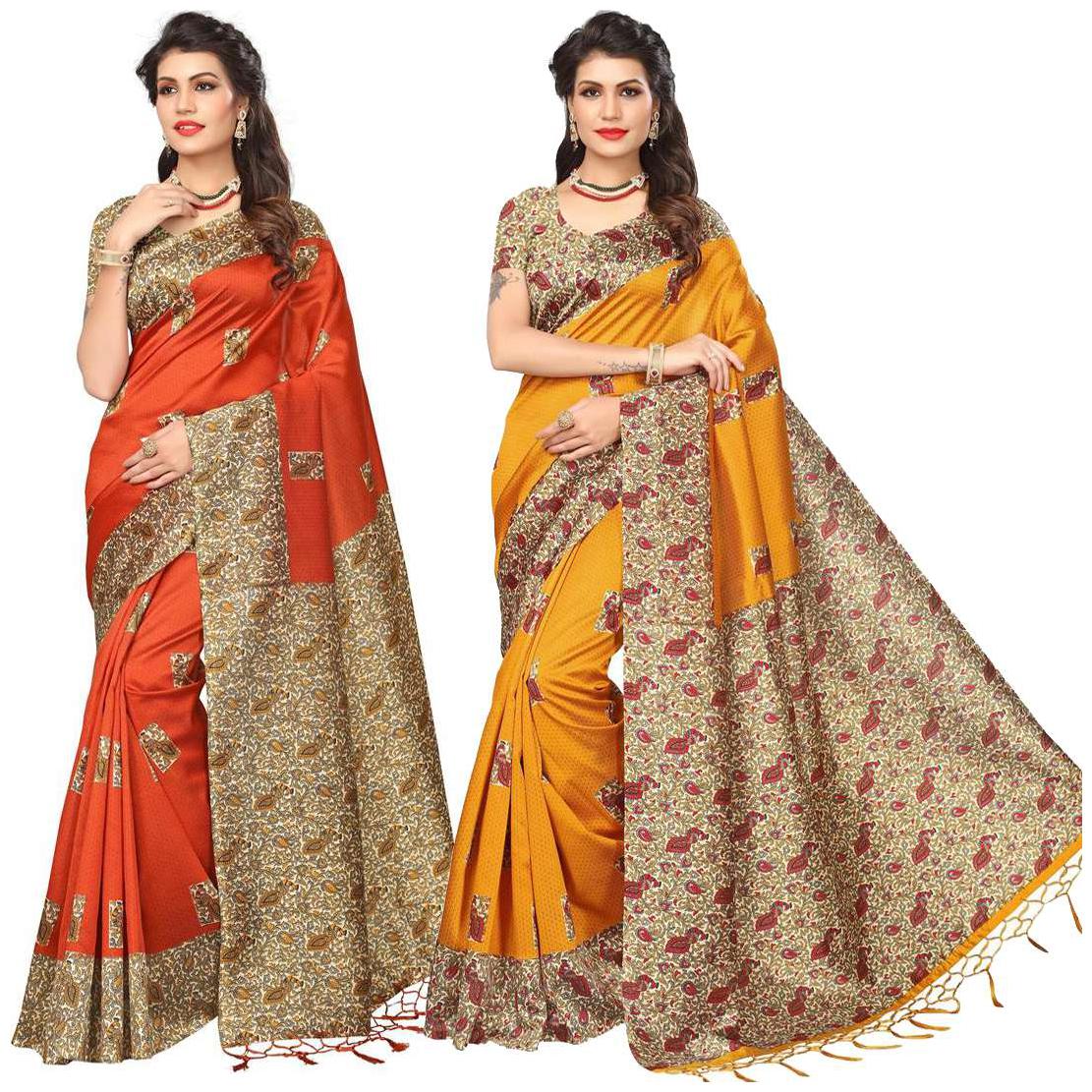 

Indian Beauty Women s Multi Color Mysore Silk With Jhalar Saree With Blouse Piece (Pack Of 2) Sarees