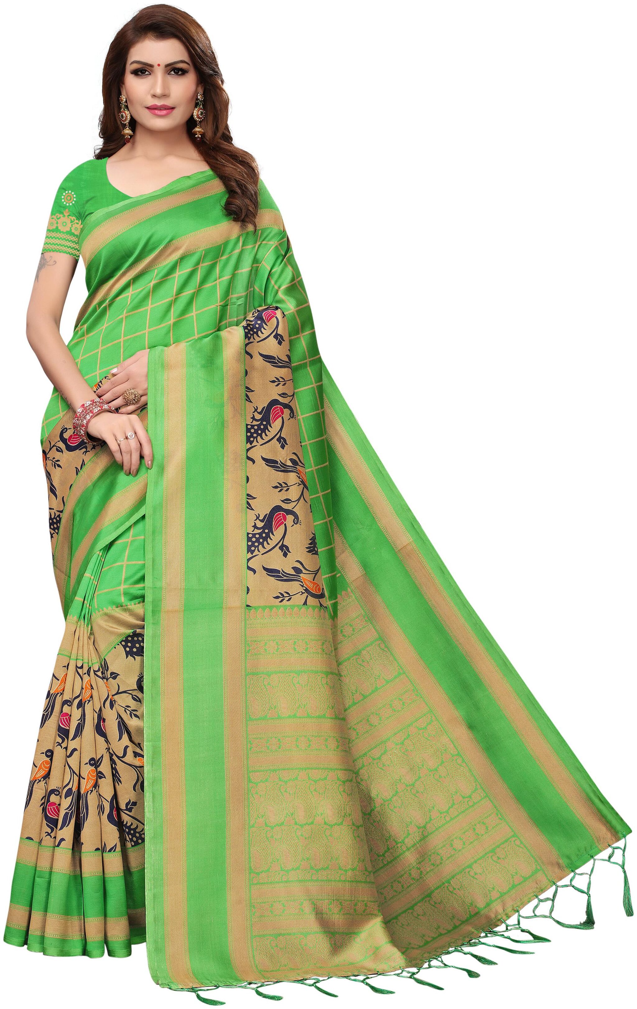 

Indian Beauty Women Art Silk Printed Saree Border Tassels with Blouse pcs(SMRITI GREEN Green Free Size)