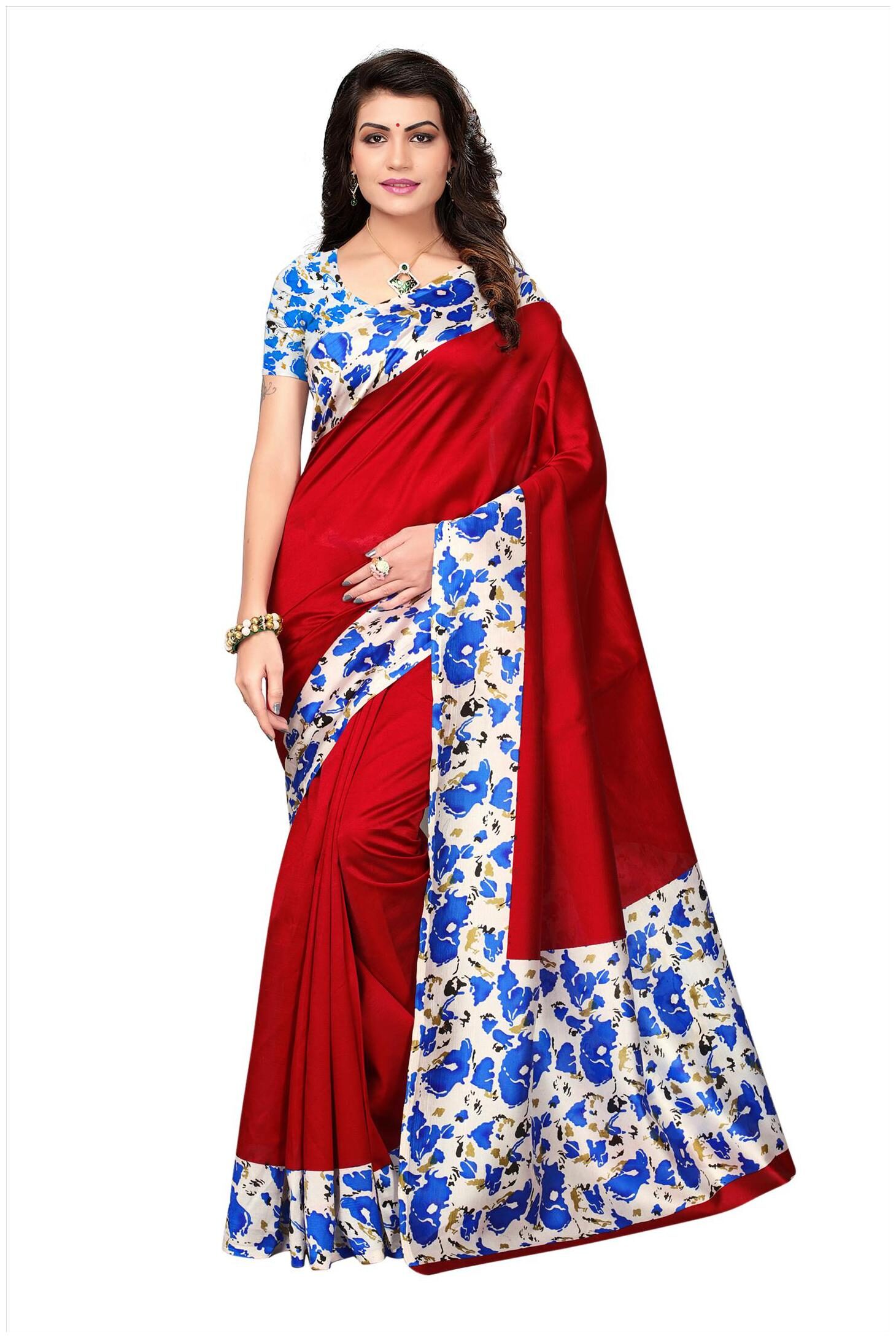 

Indian Beauty Women s Red Color Kalamkari Mysore Silk Printed Saree With Blouse