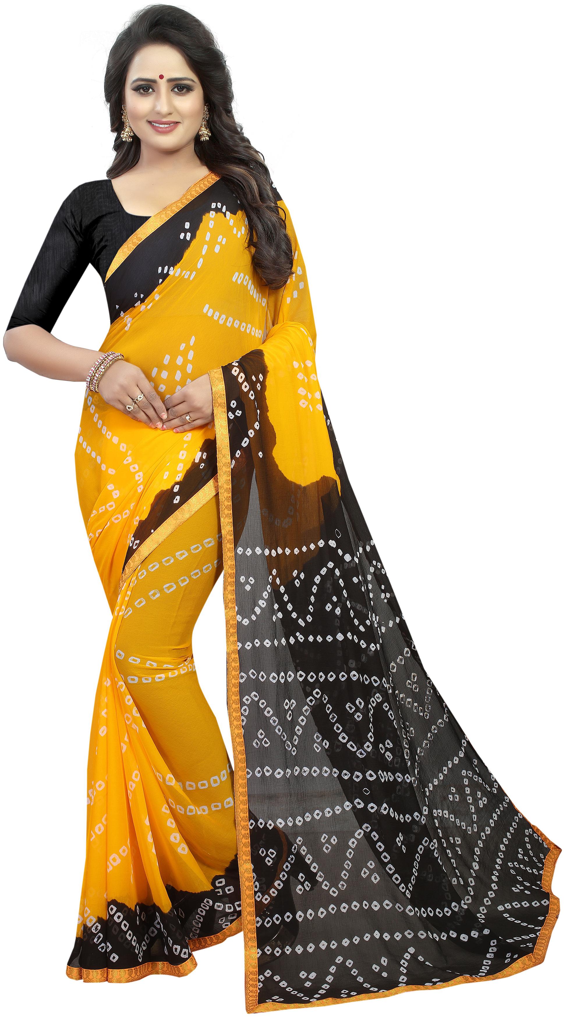 

Indian Beauty Womens Yellow Color Chiffon Printed Saree Border Lace With Blouse Piece