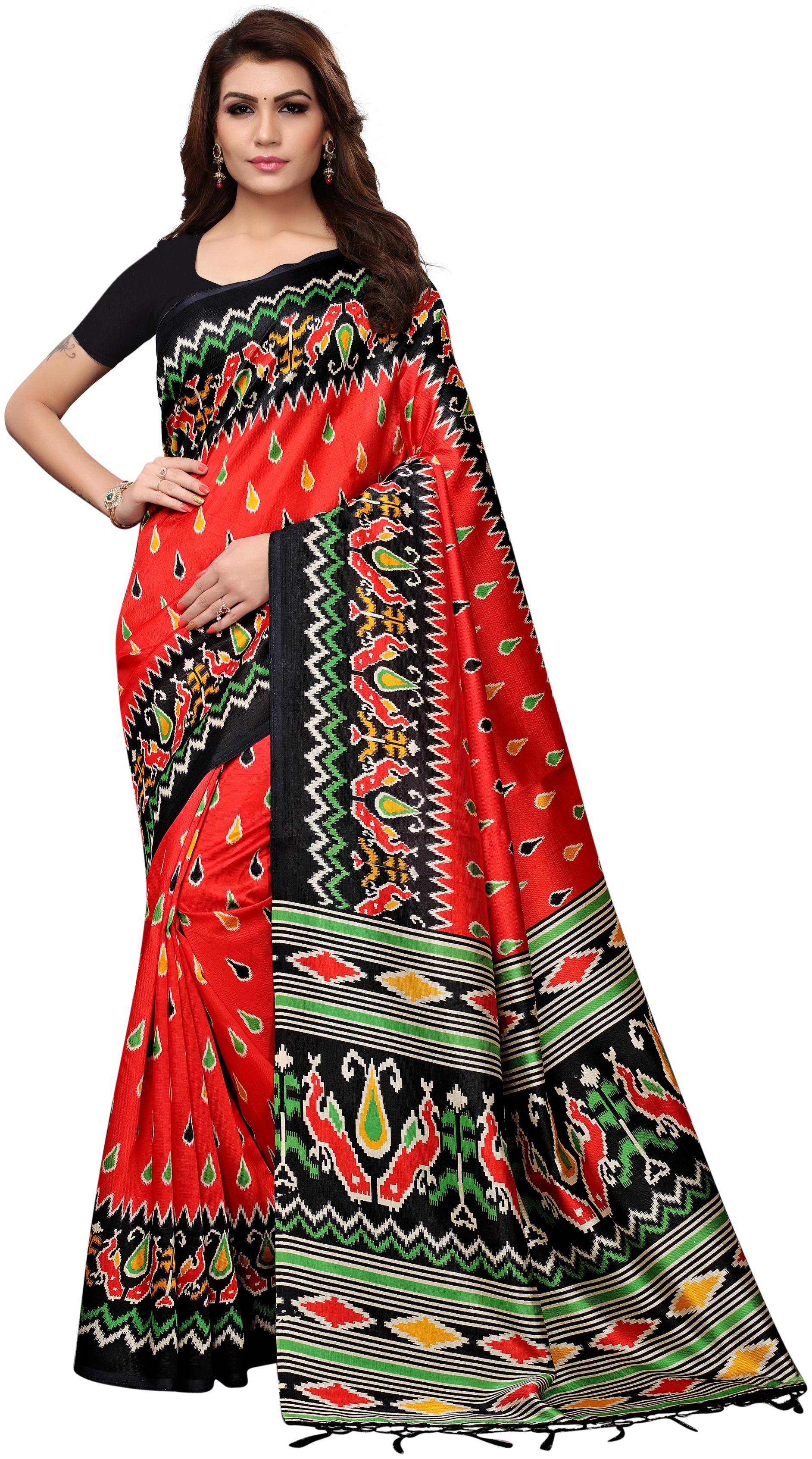 

Indian Beauty Women Red Color Mysore Silk Printed Saree Border Tassels With Blouse pcs(MOR-ZIKZEK-RED Free Size)