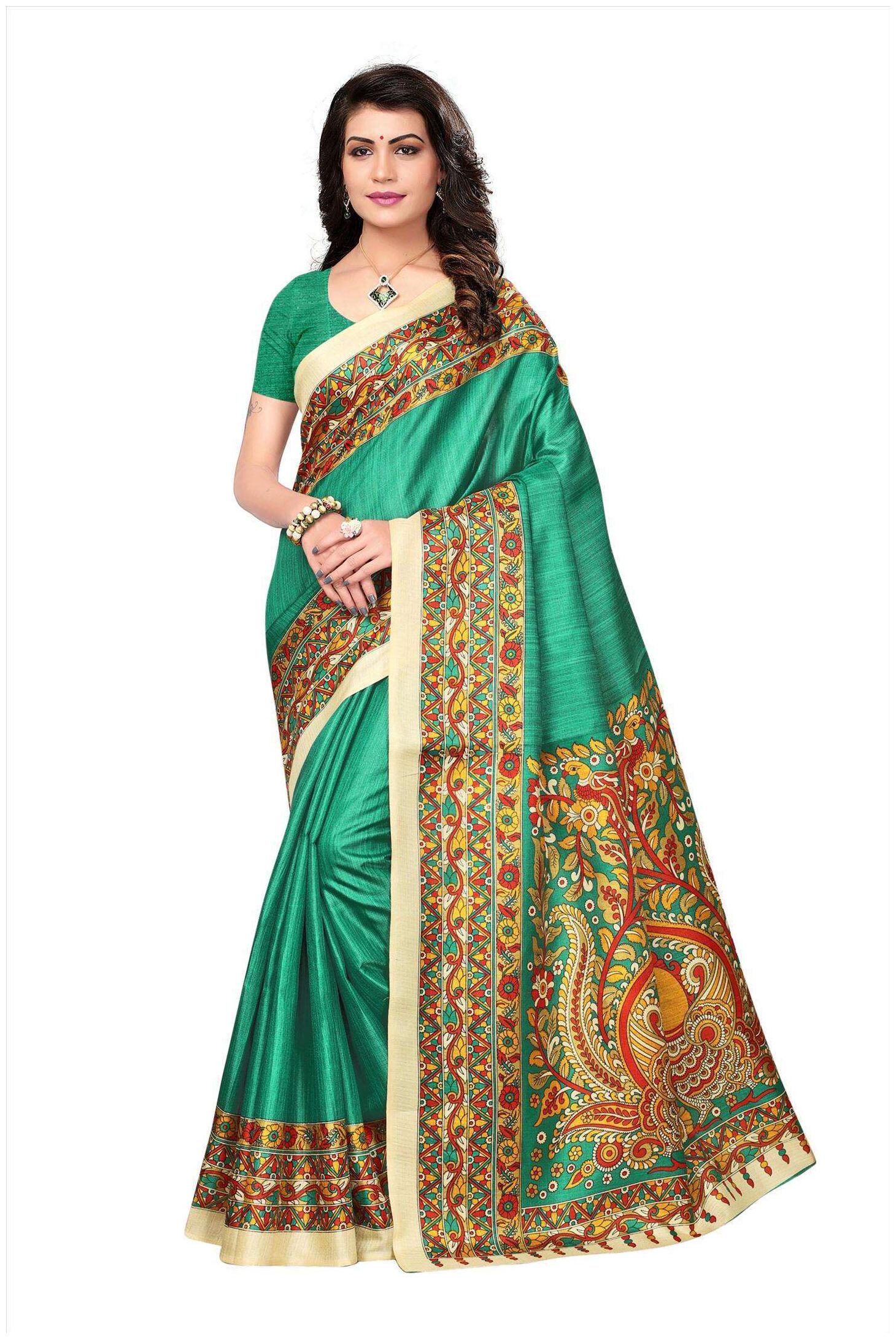 

Indian Beauty Women s Green Color Khadi Jute Silk Printed Saree With Blouse