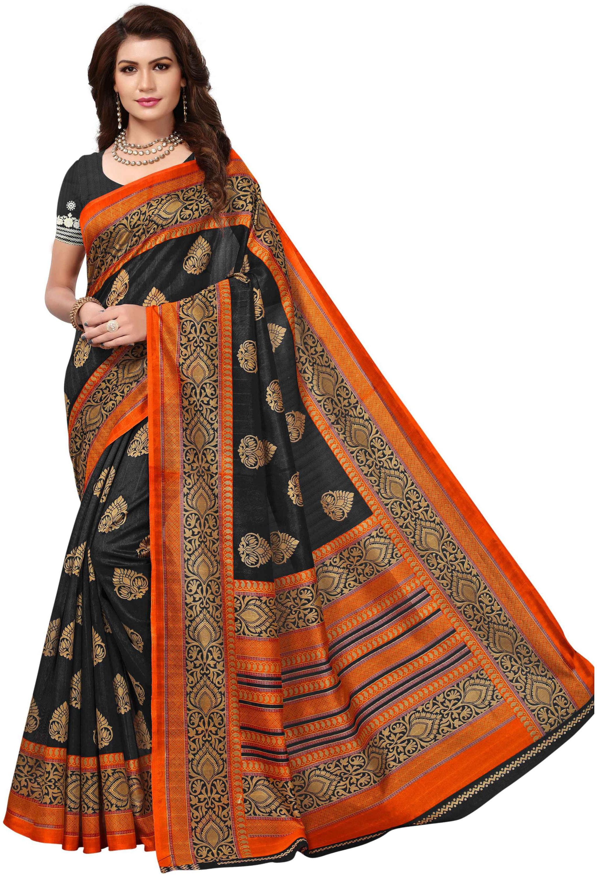 

Indian Beauty Women s Black Cotton Blend With Blouse Printed Sarees
