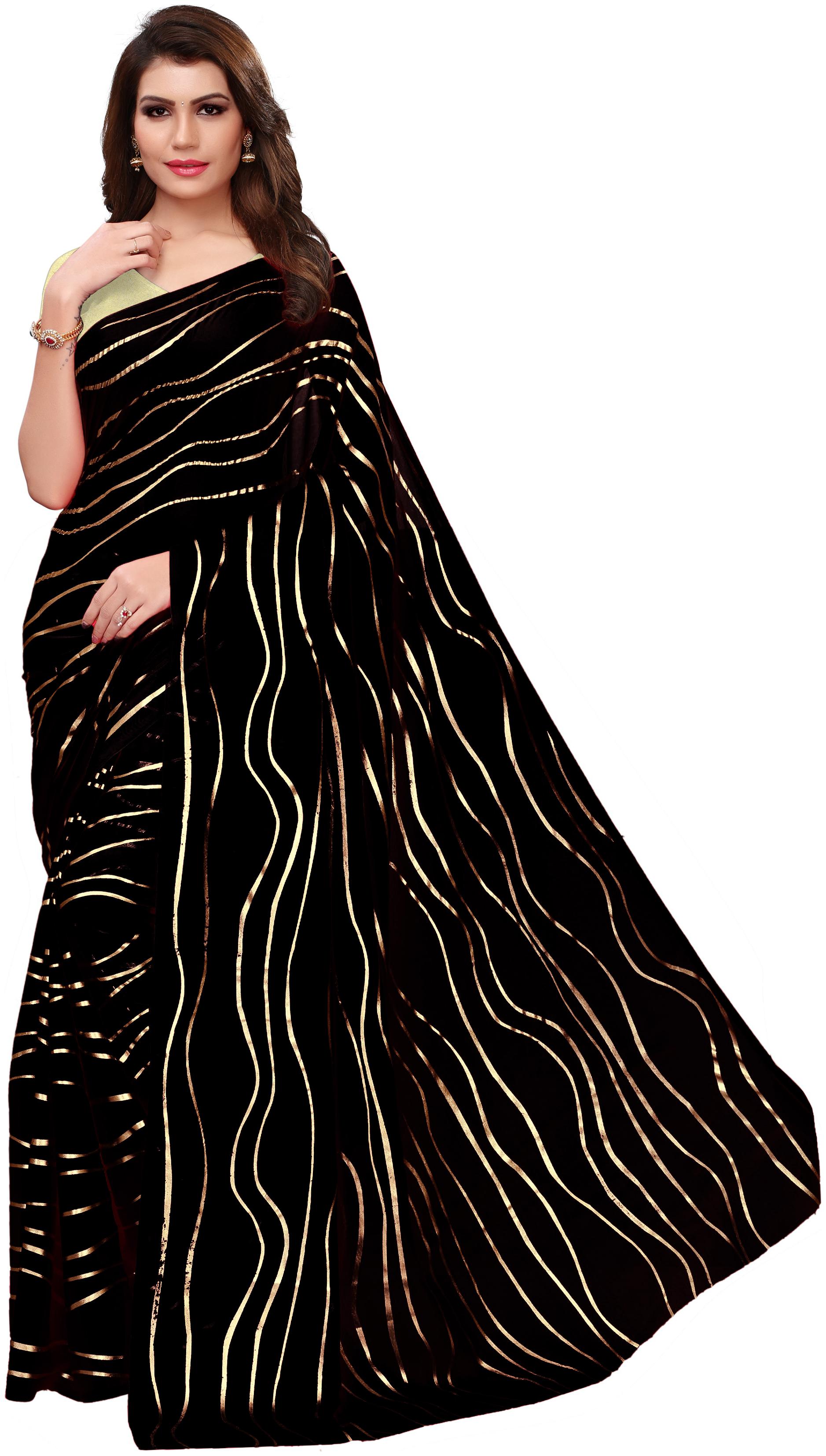 

Indian Beauty Women Black Color Crepe Silk Fiol Print Gold Stripes Saree With Blouse Piece