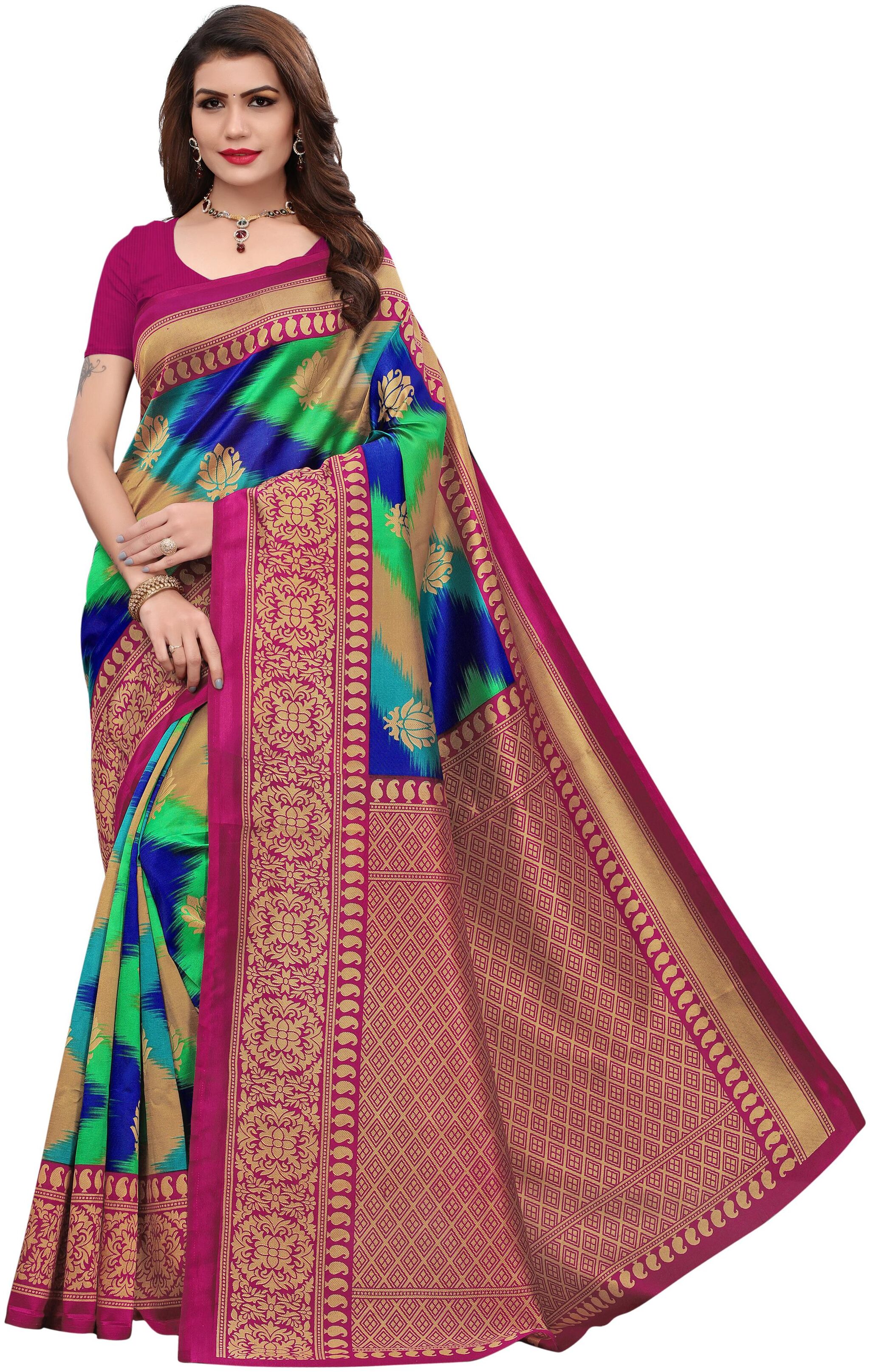 

Indian Beauty Women Pink Color Mysore Art Silk With Printed Saree With Blouse Piece