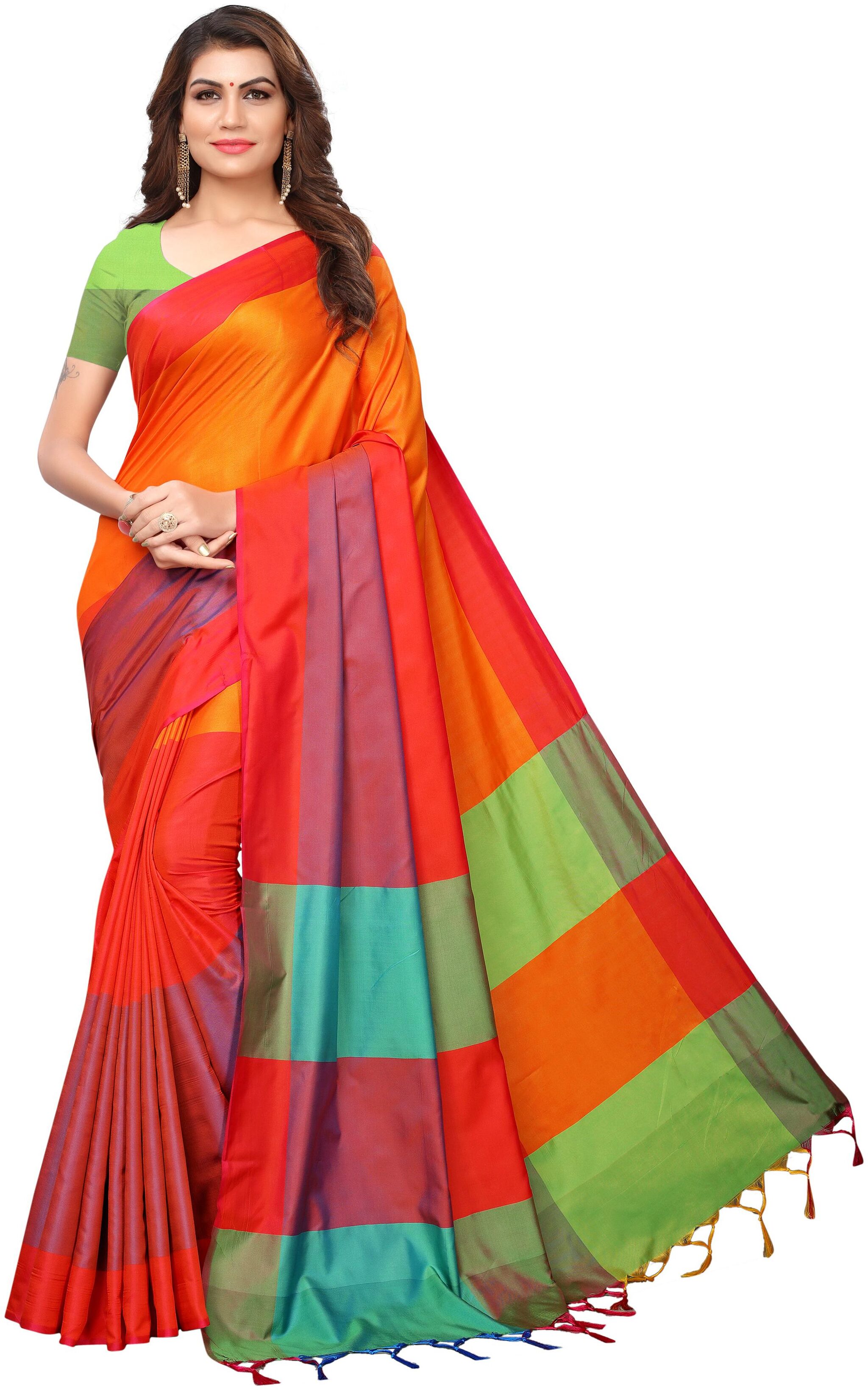 

Indian Beauty Women s Gold Color Art Silk Plain With Tassels Saree With Blouse Piece