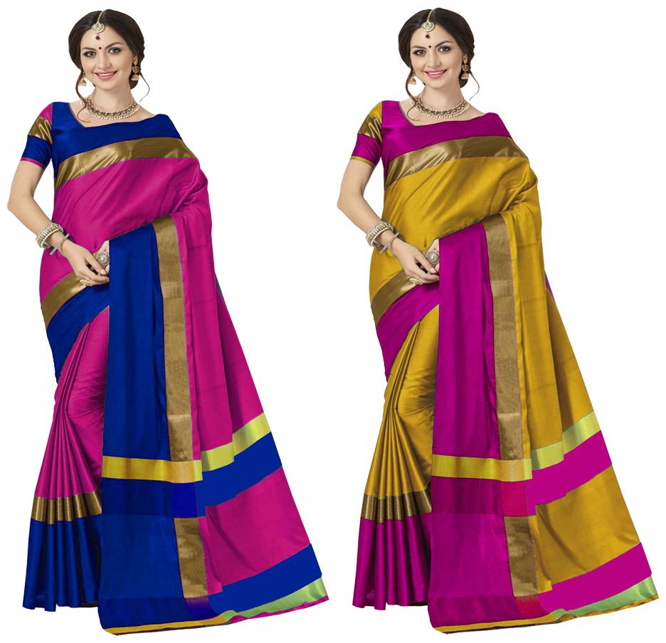 

Indian Beauty Women s Multicolor Cotton Silk Plain Saree With Blouse