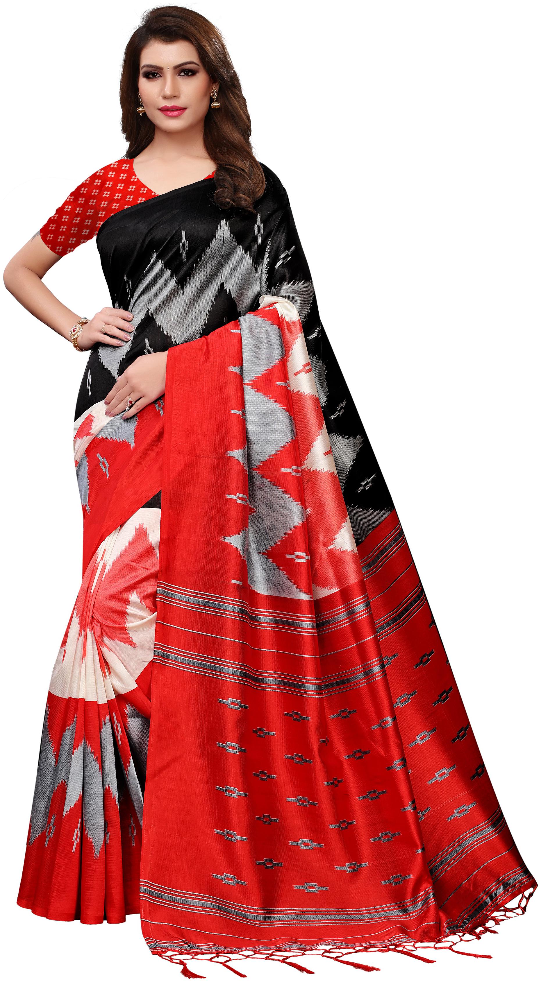

Indian Beauty Women Red Color Mysore Silk Printed Saree Border Tassels With Blouse pcs(MIRROR-BLACK-RED Free Size)