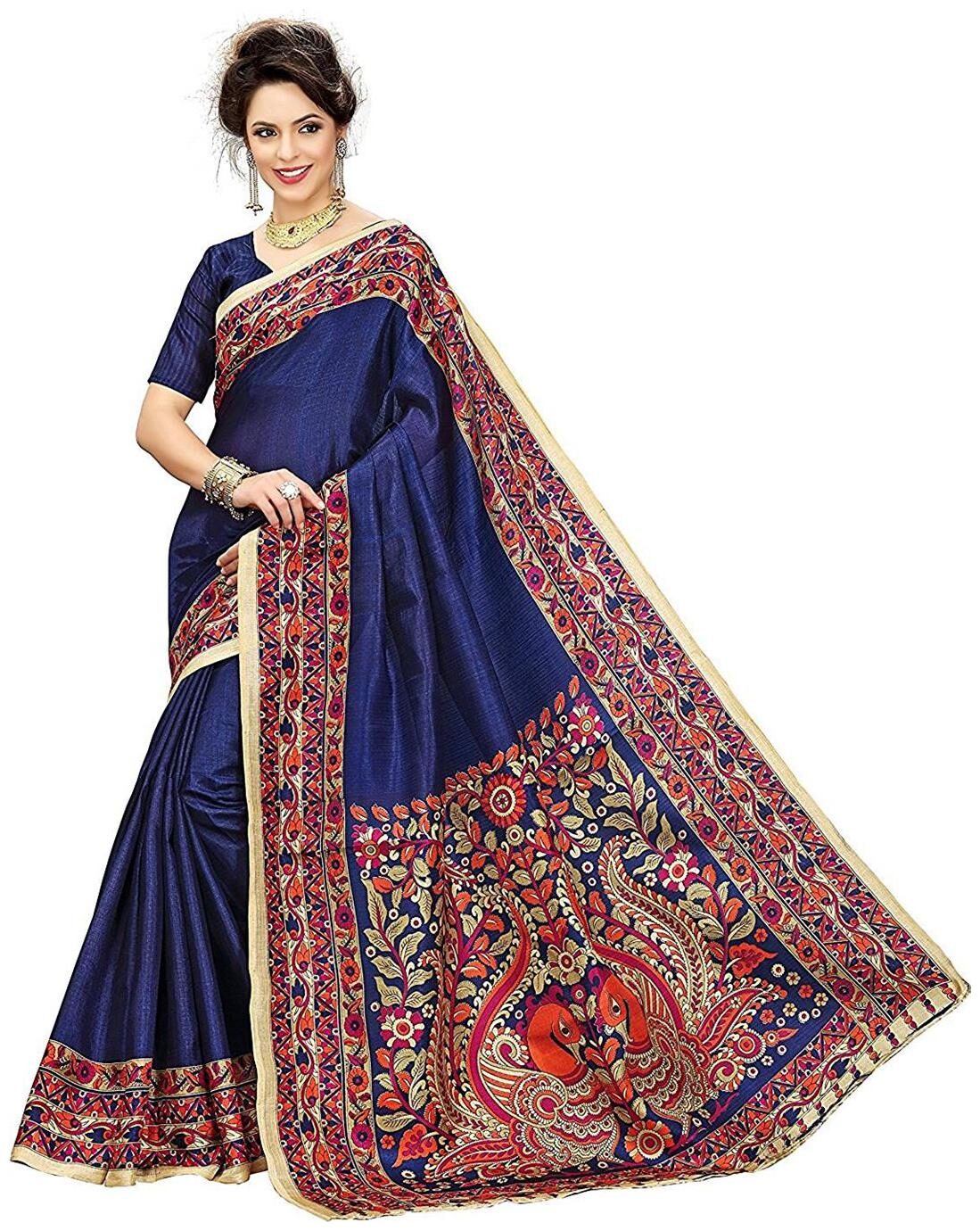 

Indian Beauty Women s Blue Kalam Kaari Print With Blouse Saree