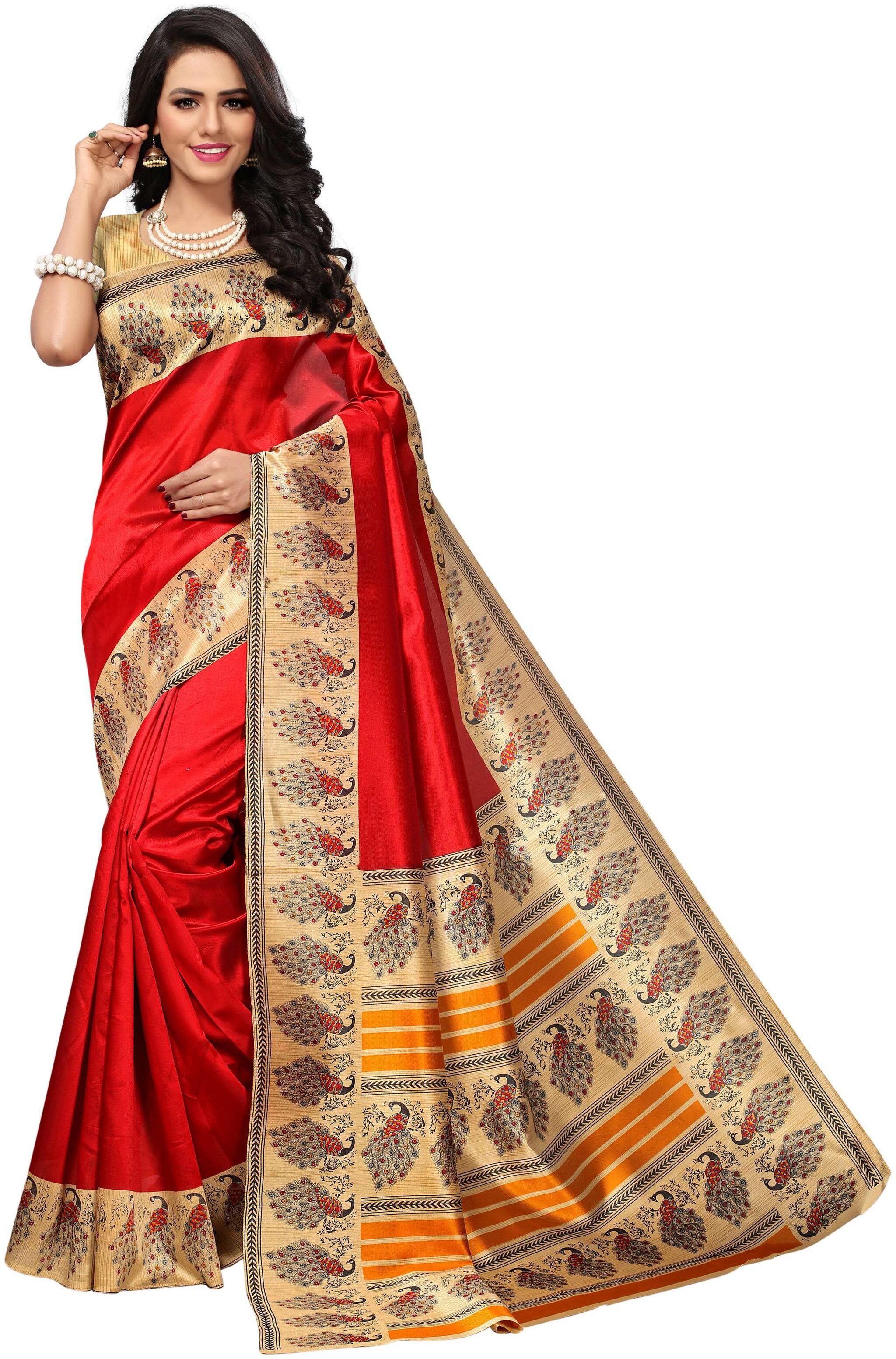 

Indian Beauty Women s Red Color Mysore Silk Printed Saree With Blouse