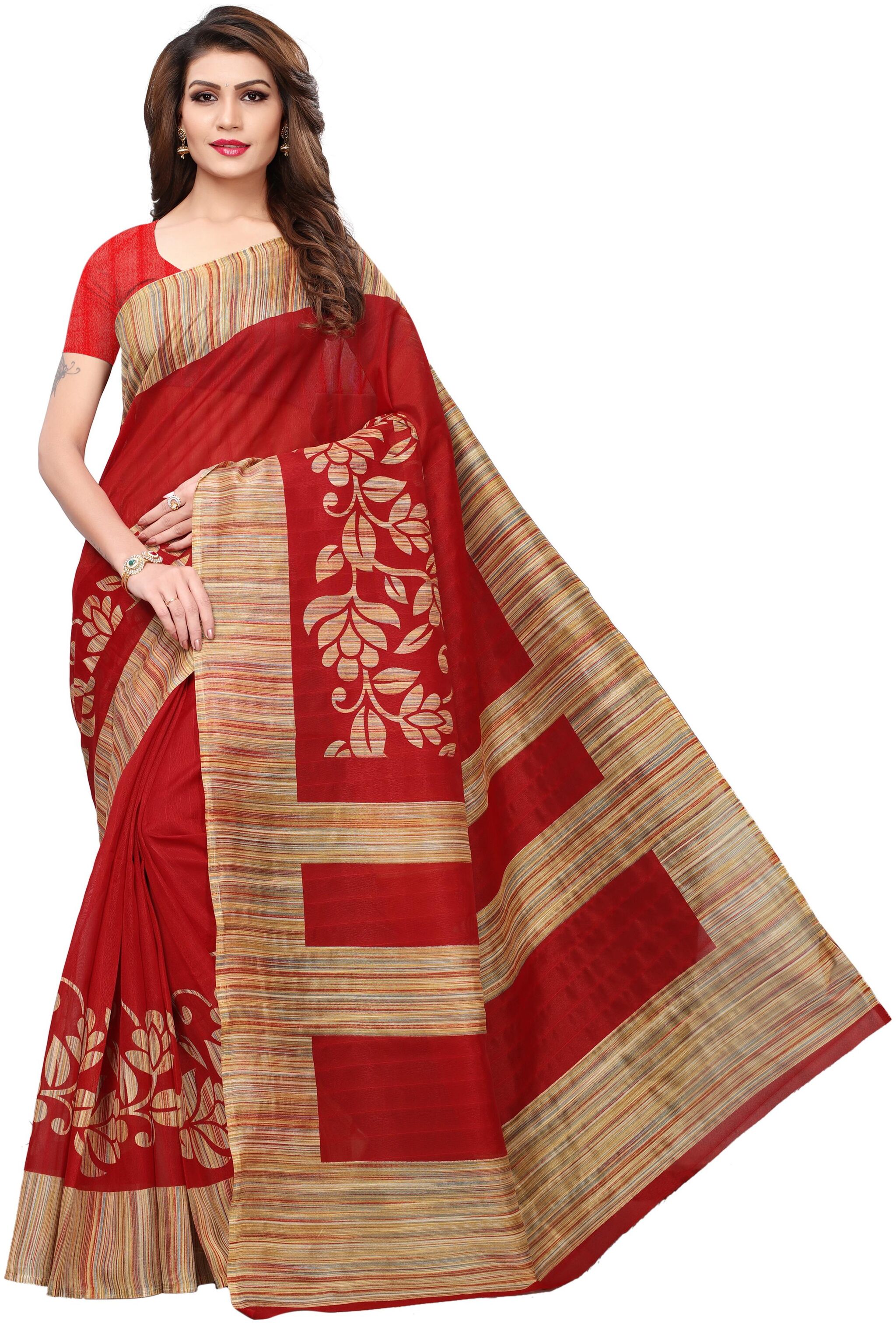 

Indian Beauty Women Red Color Bhagalpuri Silk Printed Saree With Blouse Piece