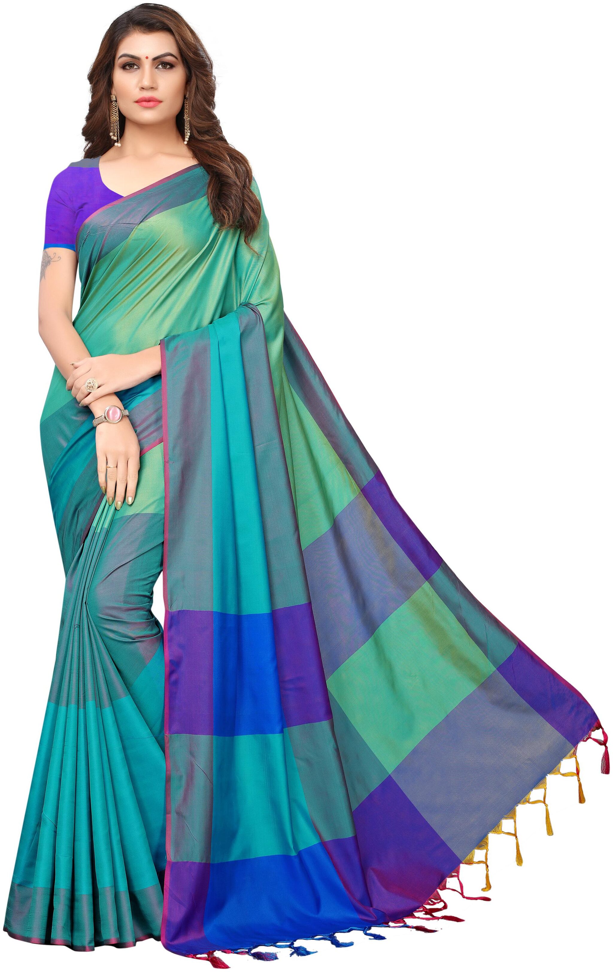 

Indian Beauty Women s Rama Color Art Silk Plain With Tassels Saree With Blouse Piece