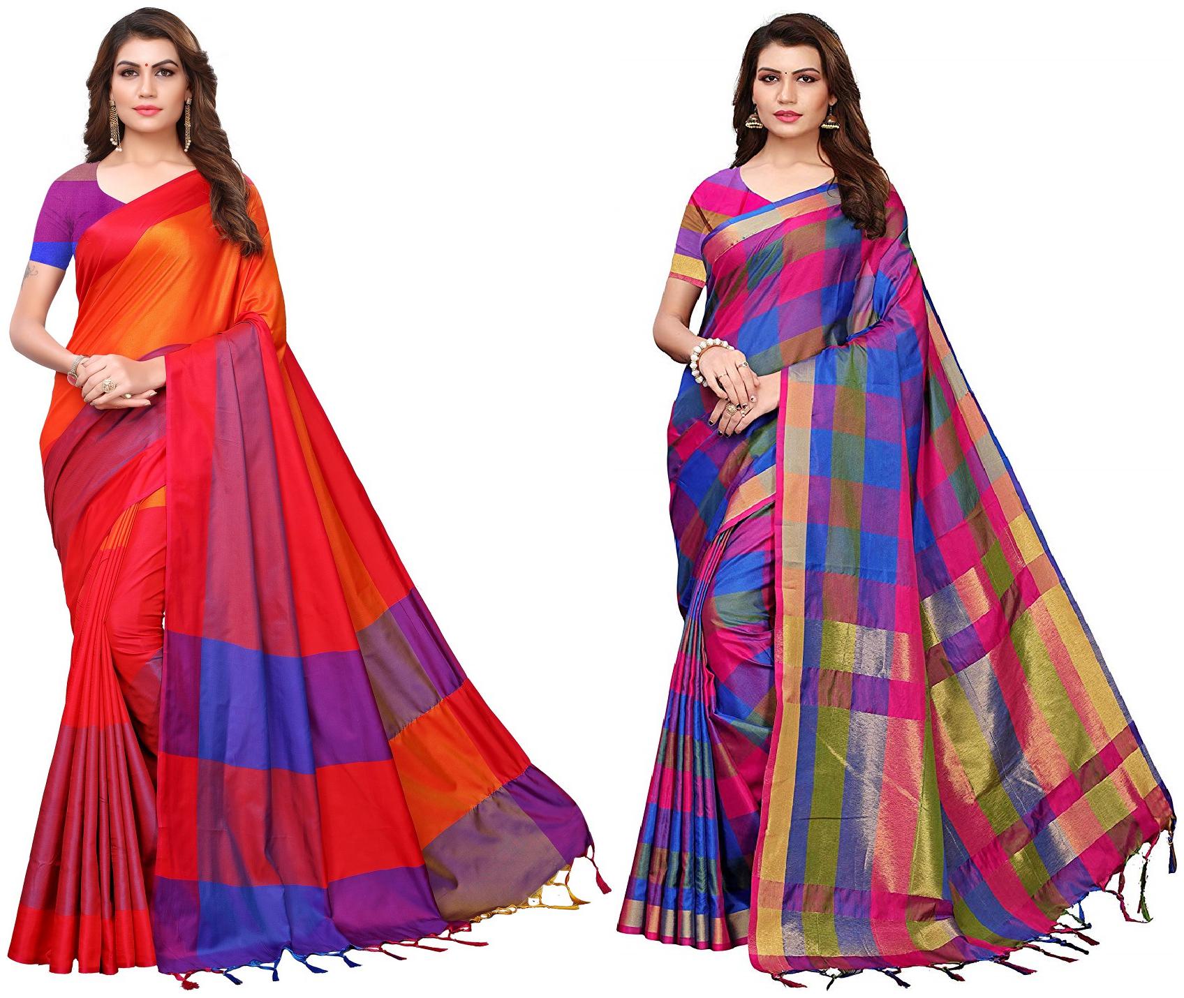 

Indian Beauty Womens Multi Color Cotton Silk Blend Plain Pack Of 2 Sarees With Blouse Piece