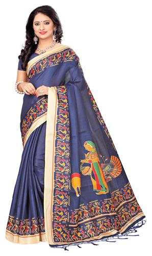 

Indian Beauty Women s Blue Color Khadi Silk With Tessals Printed Saree With Blouse