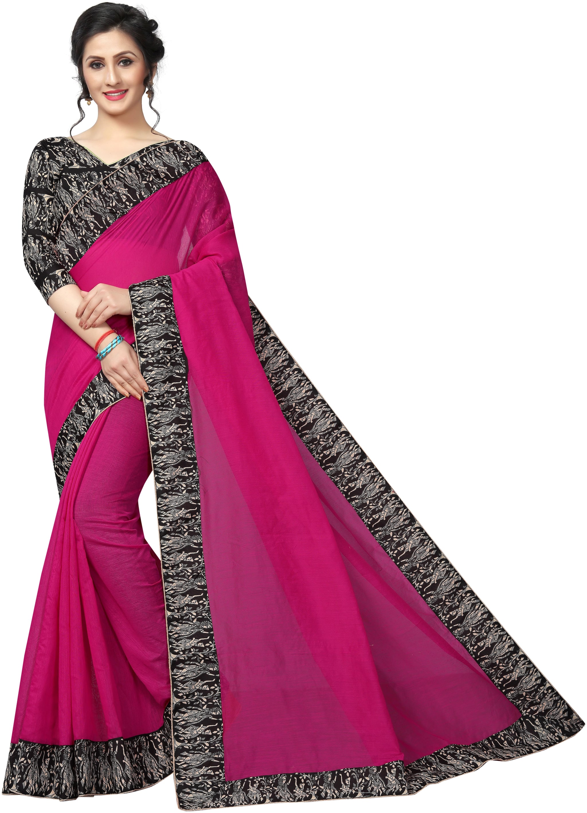 

Indian Beauty Womens Pink Color Chanderi Cotton Lace Print Saree With Blouse pcs(RK PINK Free Size)