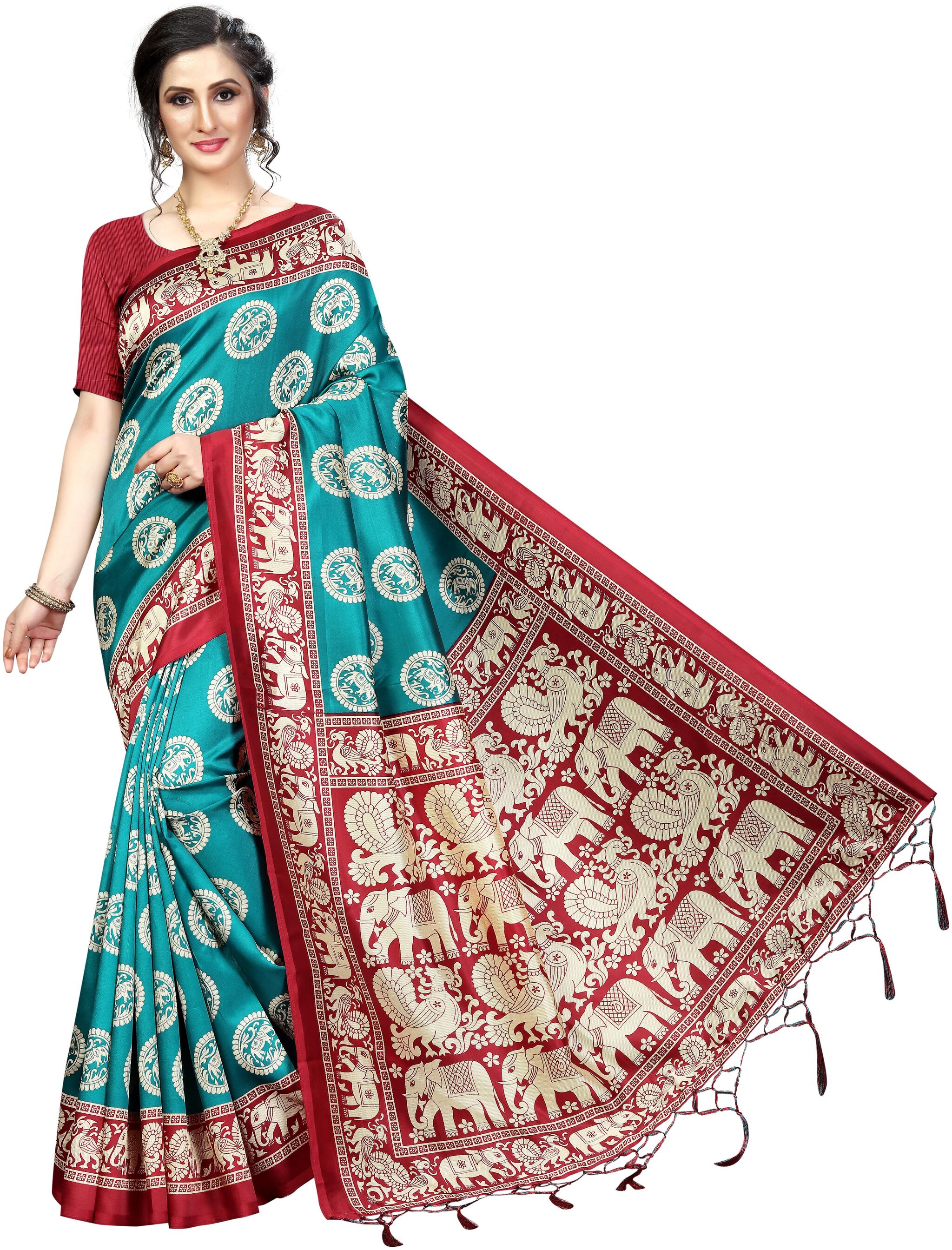 

Indian Beauty Silk Universal Saree Turquoise Maroon