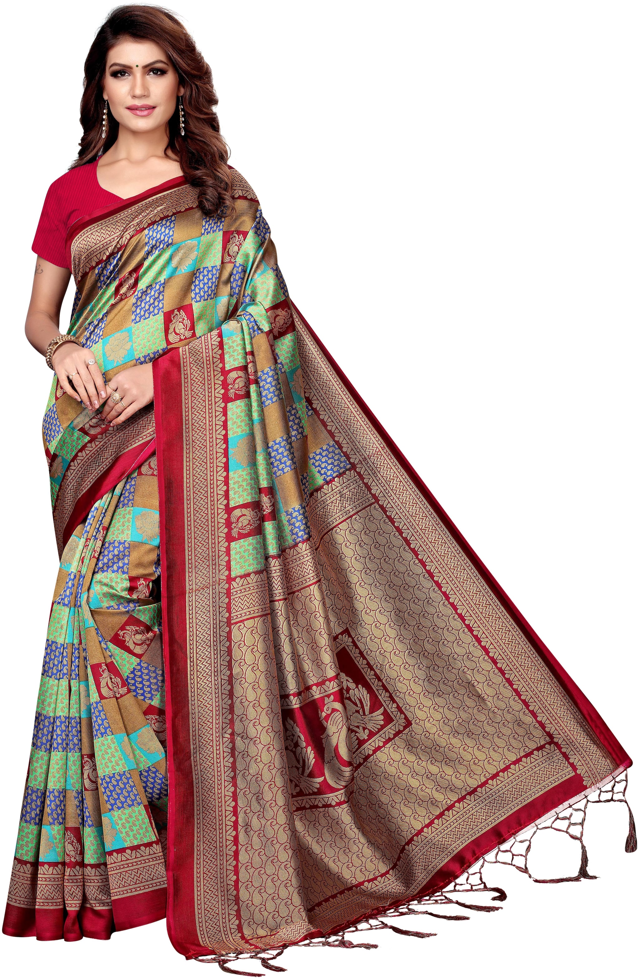 

Indian Beauty Womens Maroon Color Kalamkari Silk Printed Saree Border Tassels With Blouse pcs(MOR GULAB MAROON Free Size)