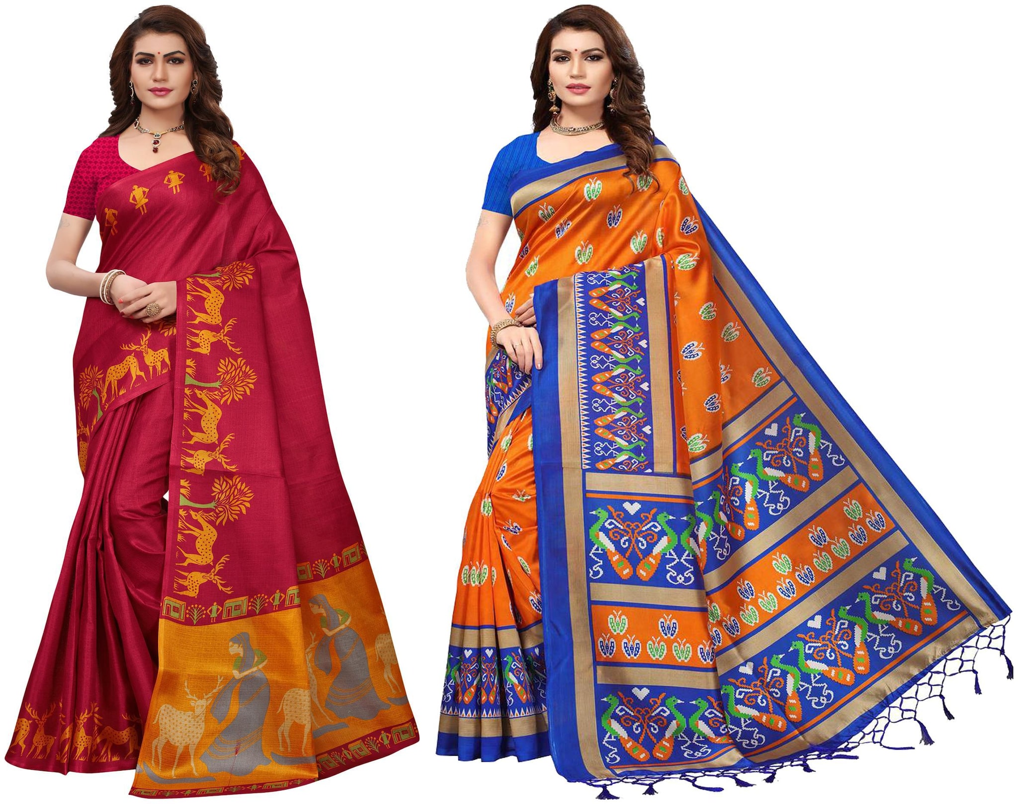 

Indian Beauty Women s Multi Color Art Cotton Blend Silk Printed Saree With Blouse Piece (Pack of 2 Multi Color Free Size)