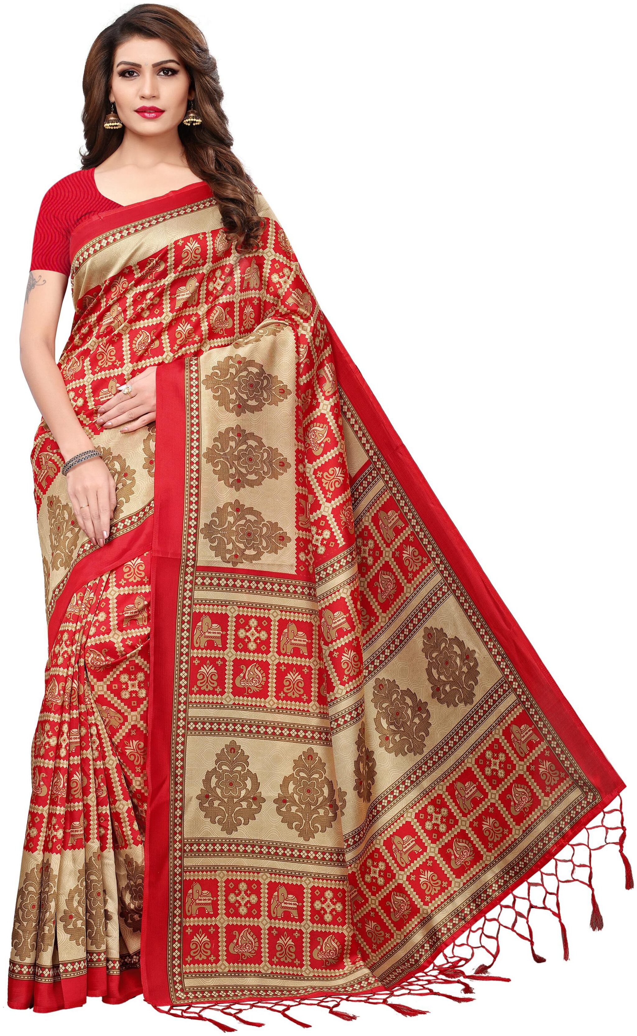 

Indian Beauty Women s Green Color Mysore Silk Tassels Border Ethnic Printed Saree With Blouse Piece