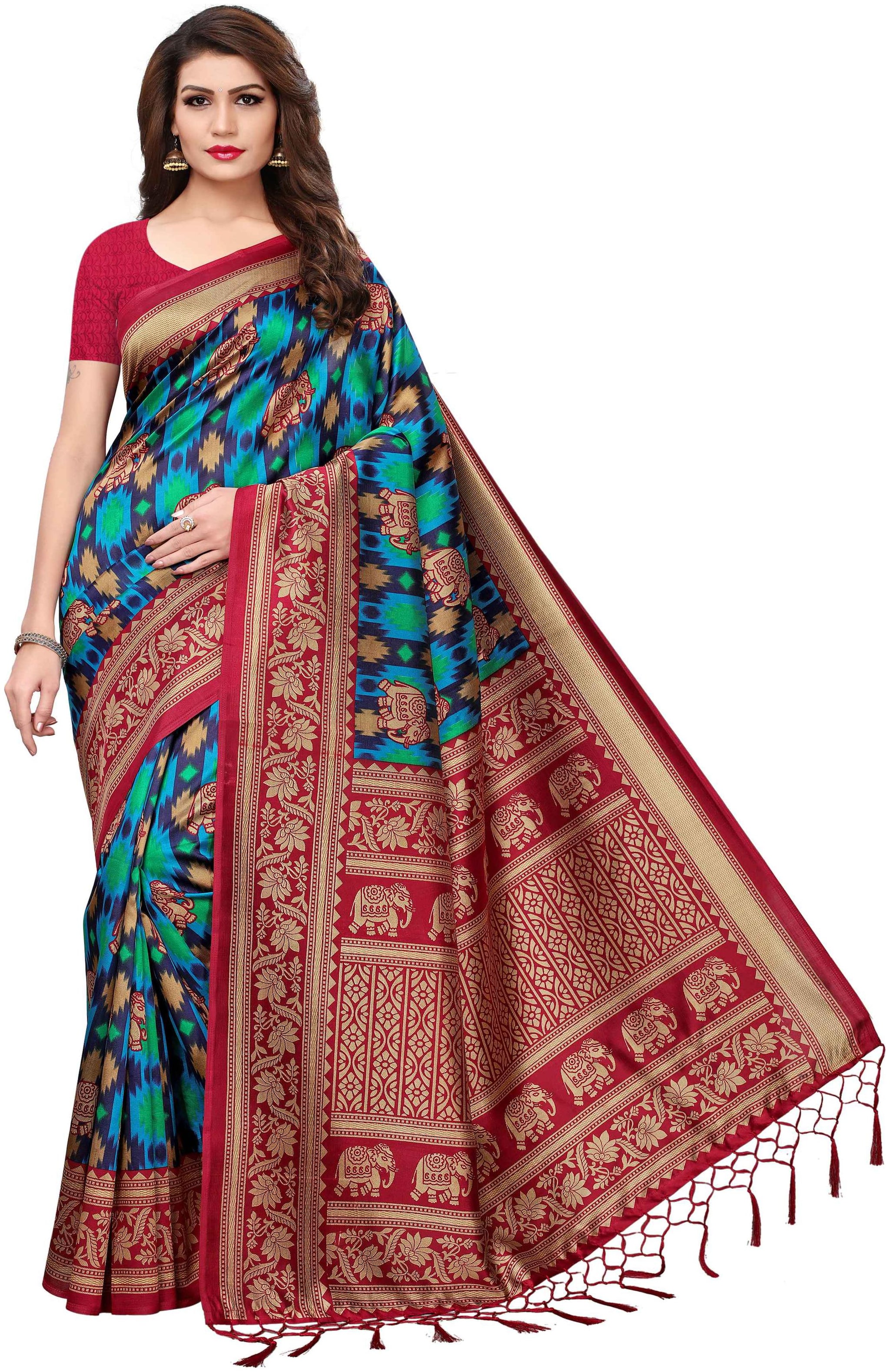 

Indian Beauty Women s Red Color Mysore Silk Tassels Border Elephant Printed Saree With Blouse Piece