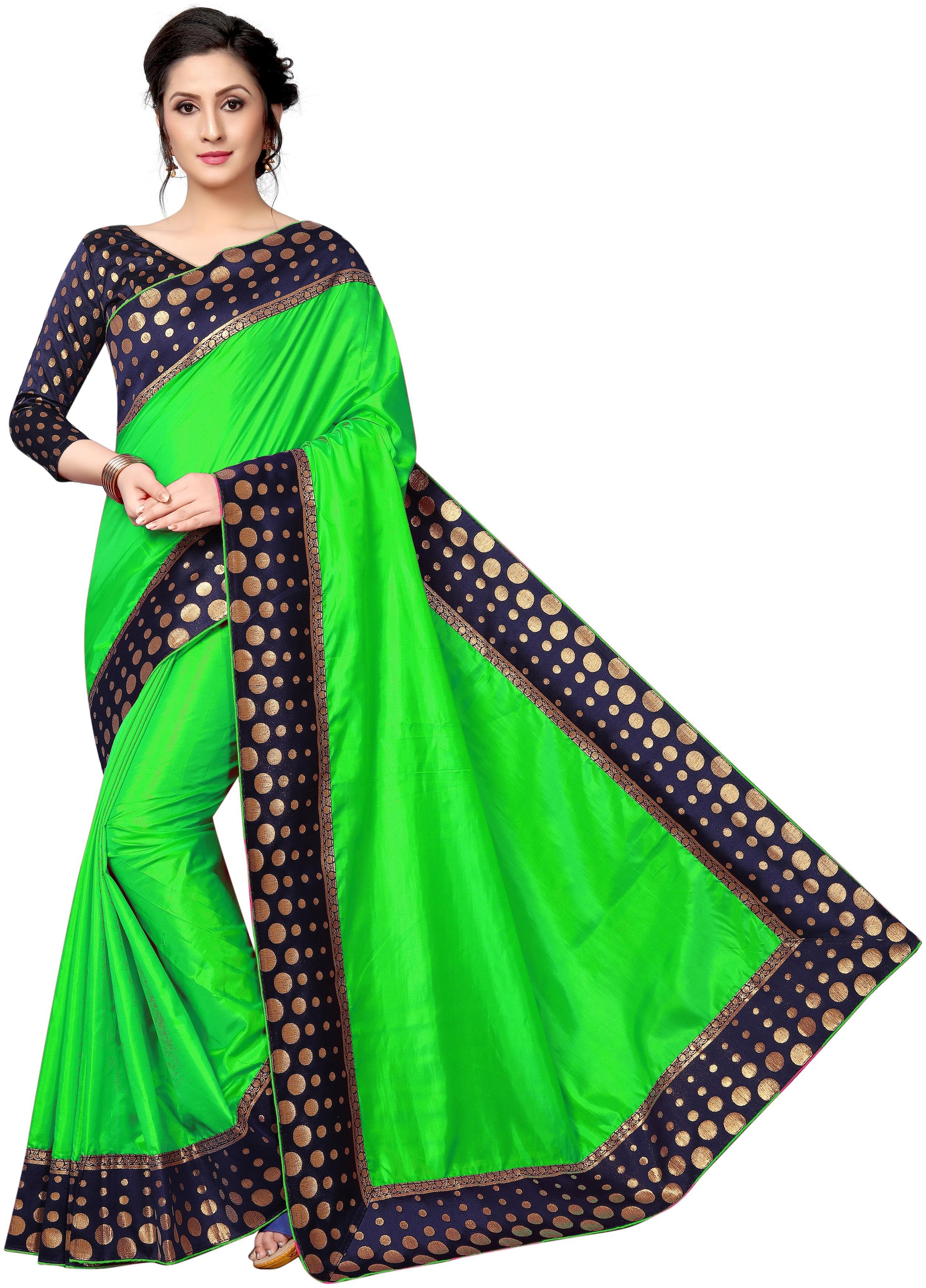 

Indian Beauty Womens Light Green Color Satin Silk Lace Foil Print Saree With Blouse pcs(PAPER POLKA PARROT Free Size)