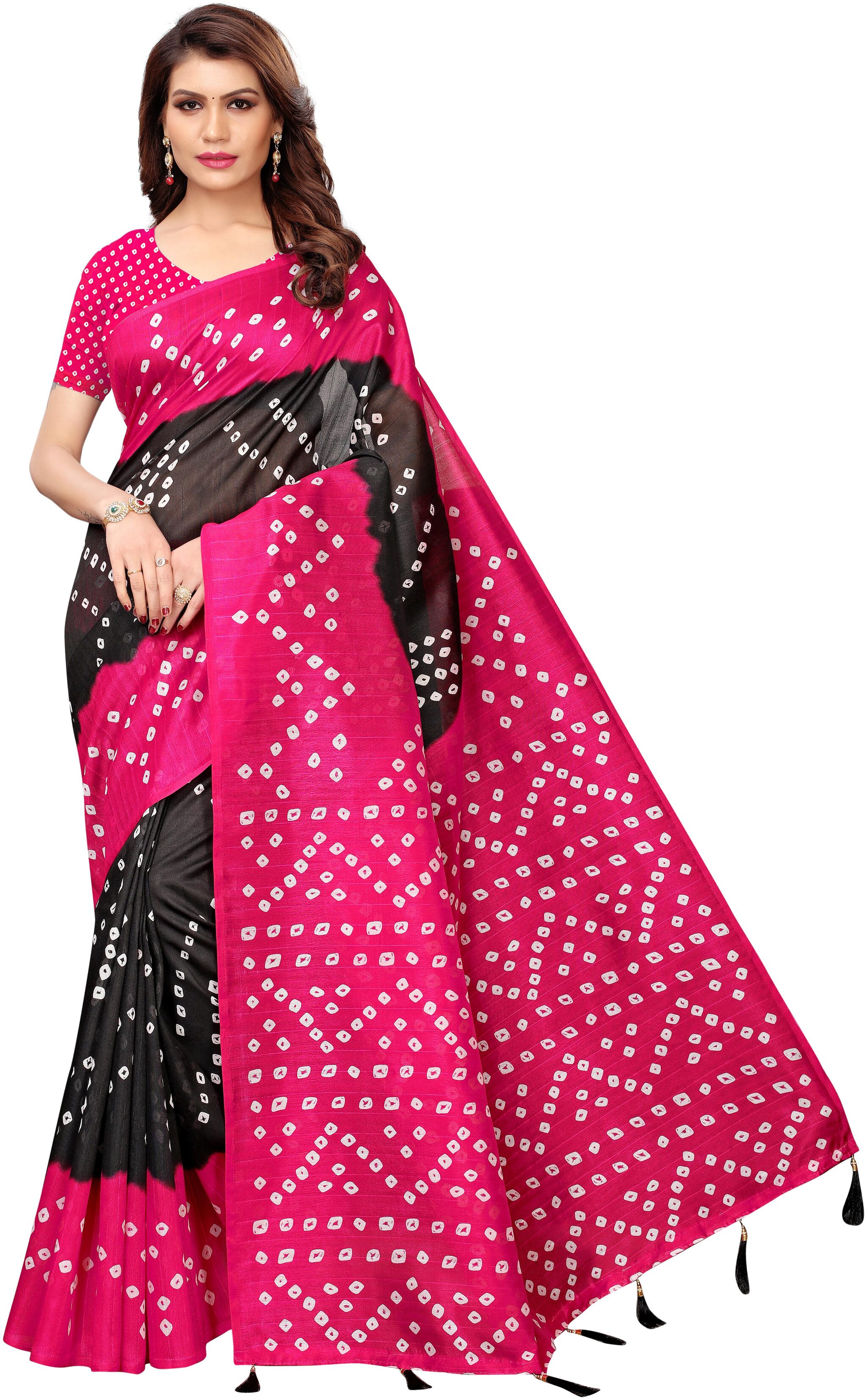 

Indian Beauty Women Pink Color Bhagalpuri Silk Printed Saree Border Tassels With Blouse pcs (RAJWADI BLACK PINK Free Size)