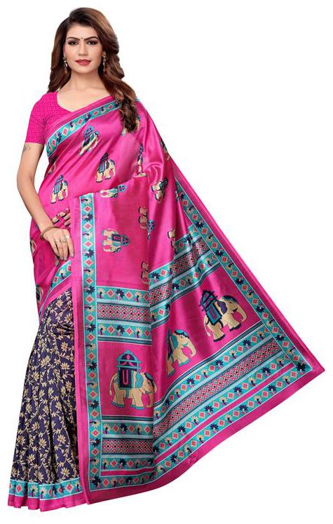 

Indian Beauty Women Multi Color Mysore Silk Printed Saree With Blouse Piece