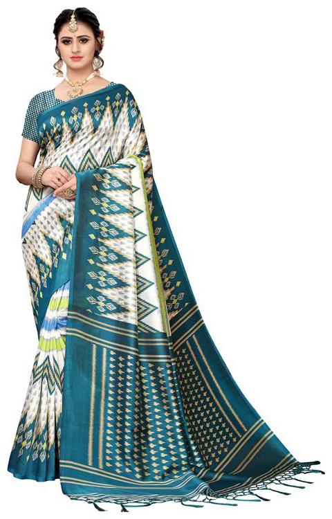 

Indian Beauty Women Multi Color Mysore Silk Printed Saree Border Tassels With Blouse Piece