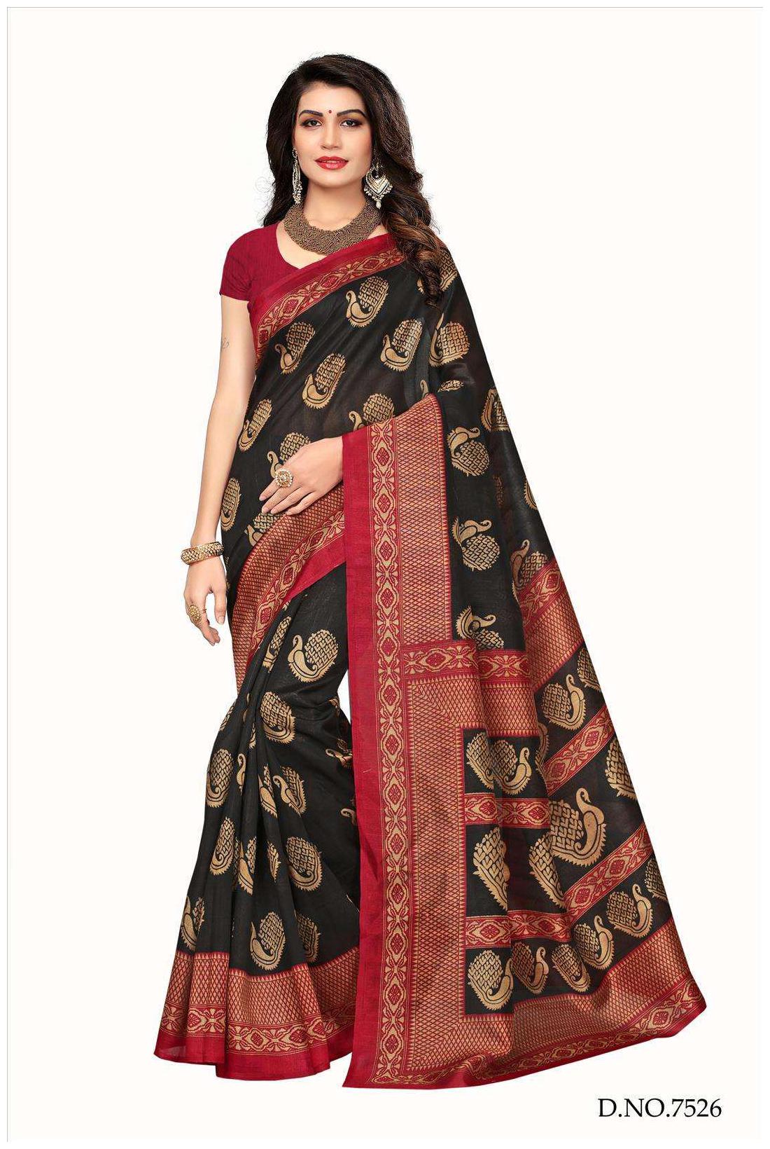 

Indian Beauty Women s Black Color Bhagalpuri Silk Printed Saree With Blouse