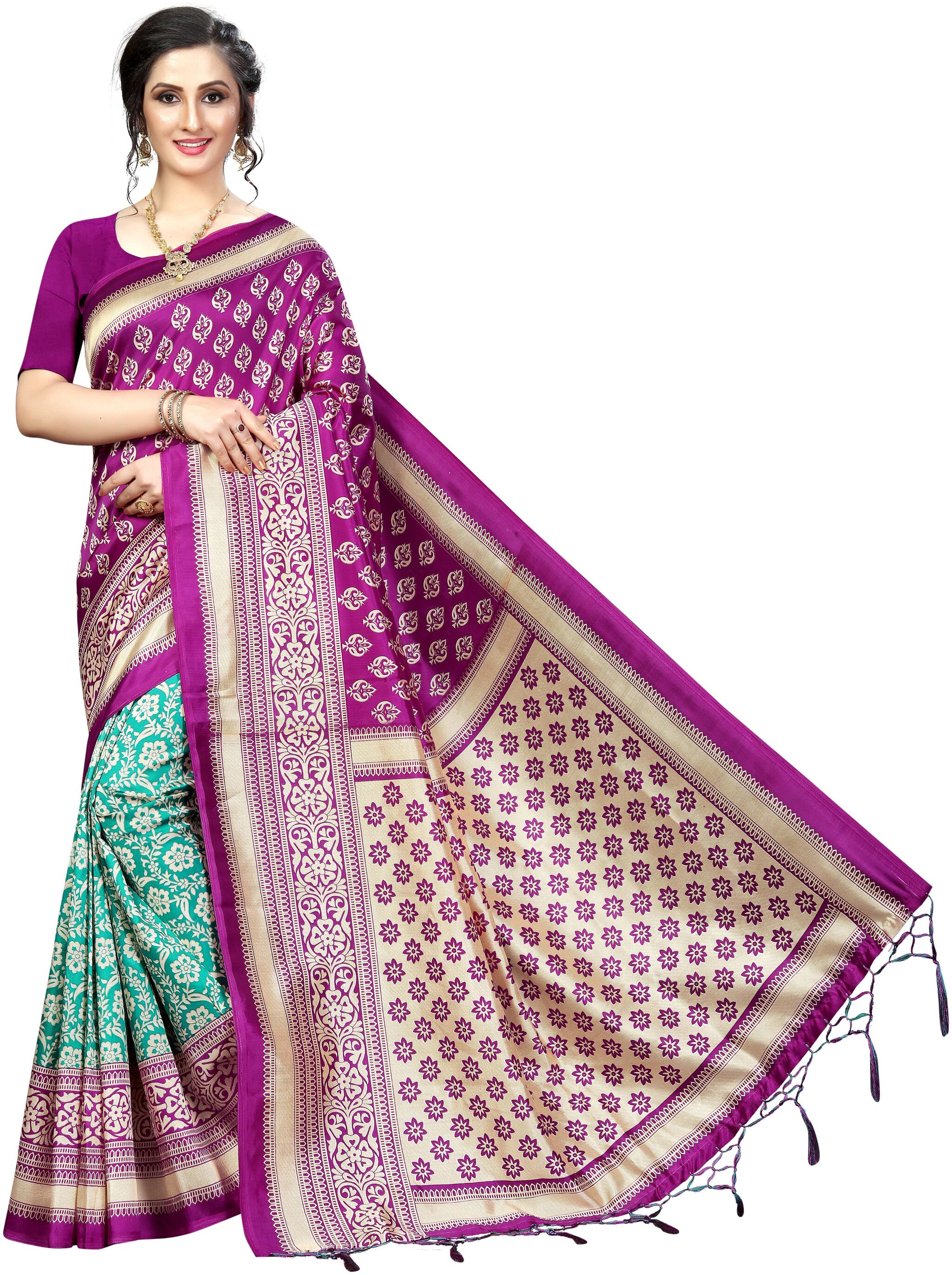 

Indian Beauty Silk Universal Saree Purple Green