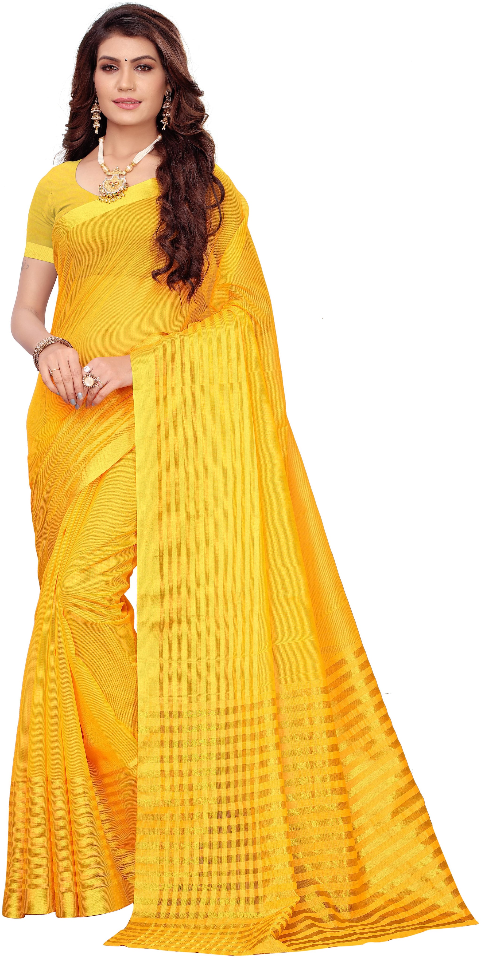 

Indian Beauty Blended Kota Doria saree Yellow color