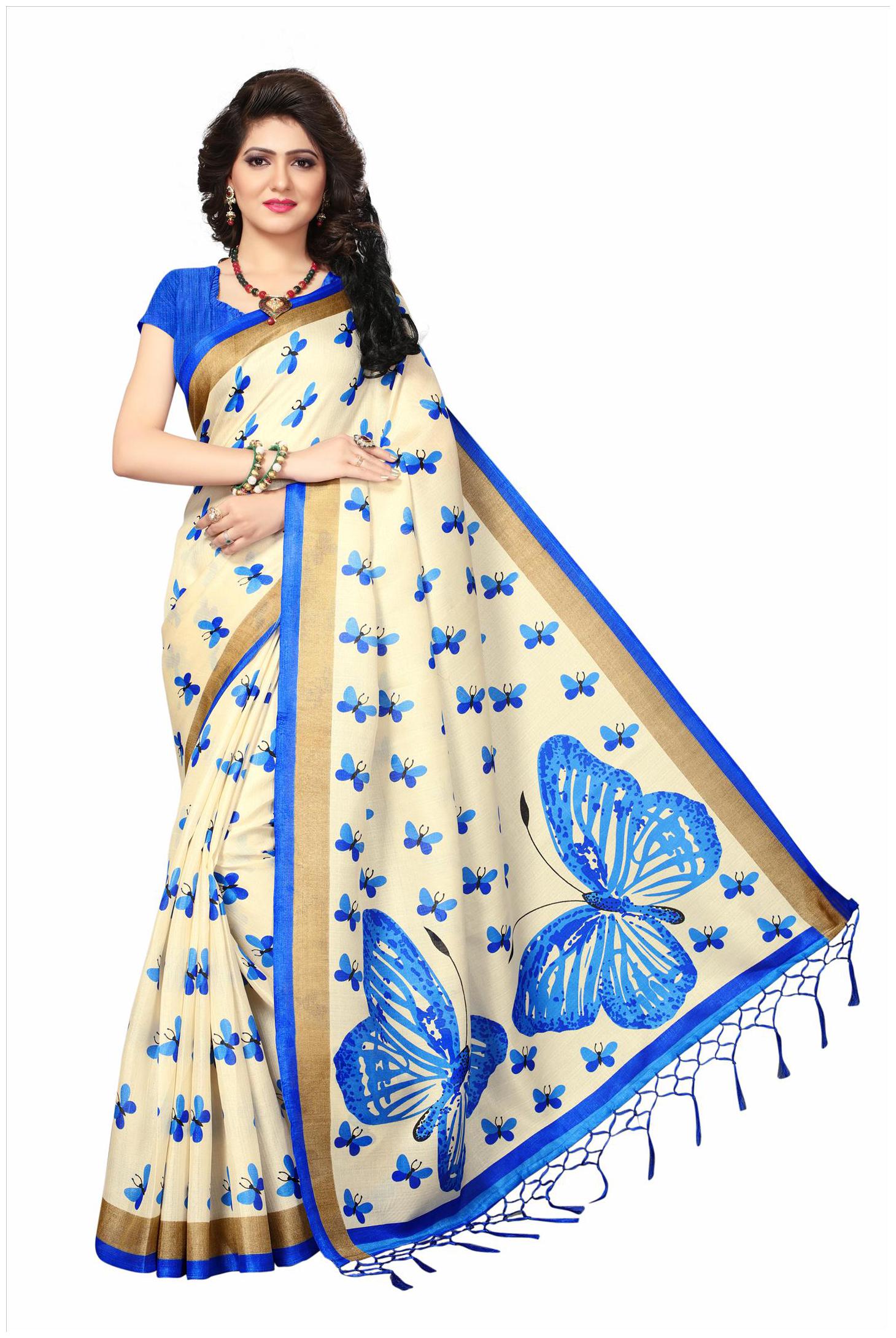 

Indian Beauty Women s Blue Color Khadi Silk With Tessals Printed Saree With Blouse