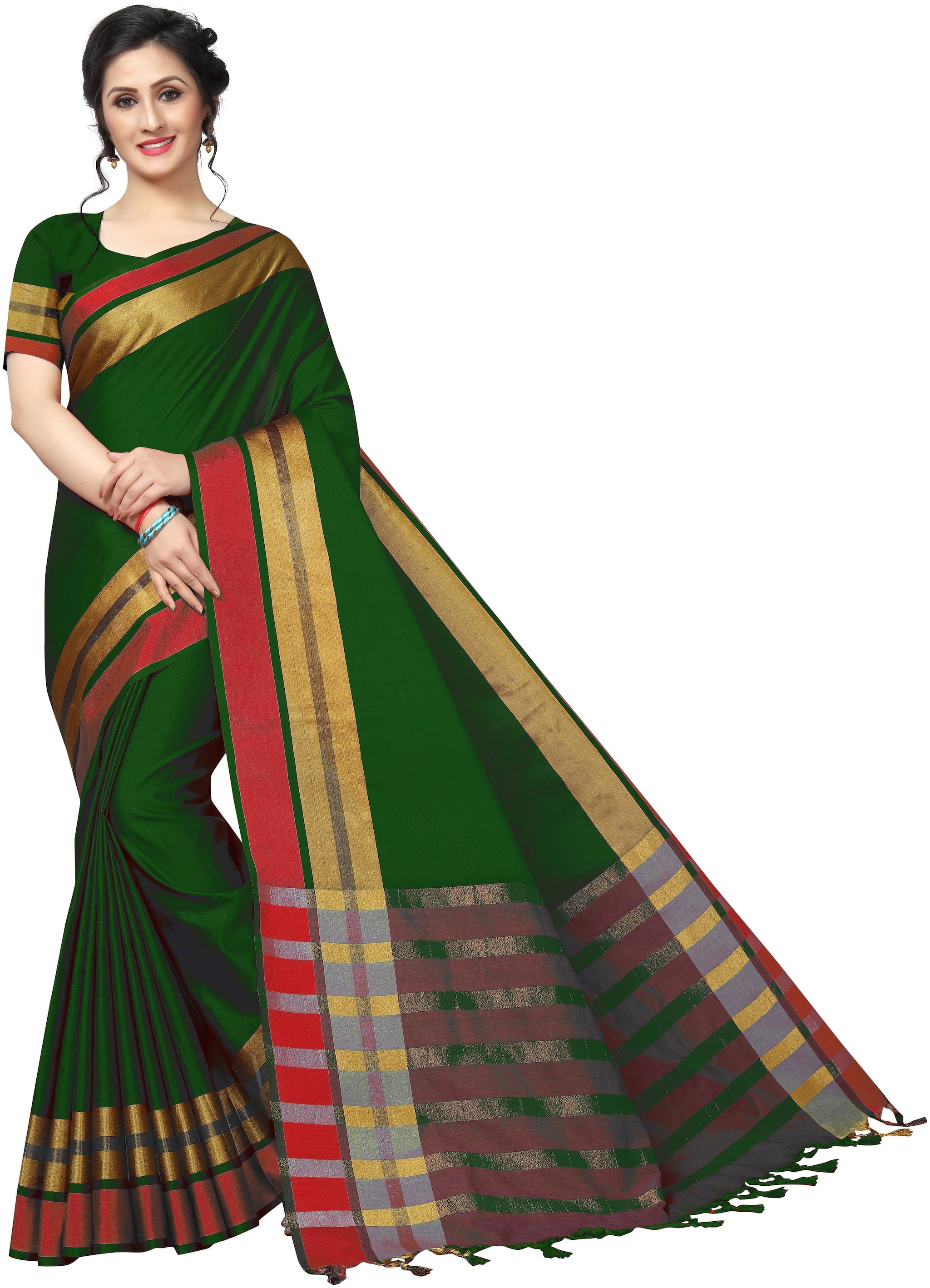 

Indian Beauty Green Solid Universal Regular Saree With Blouse With blouse