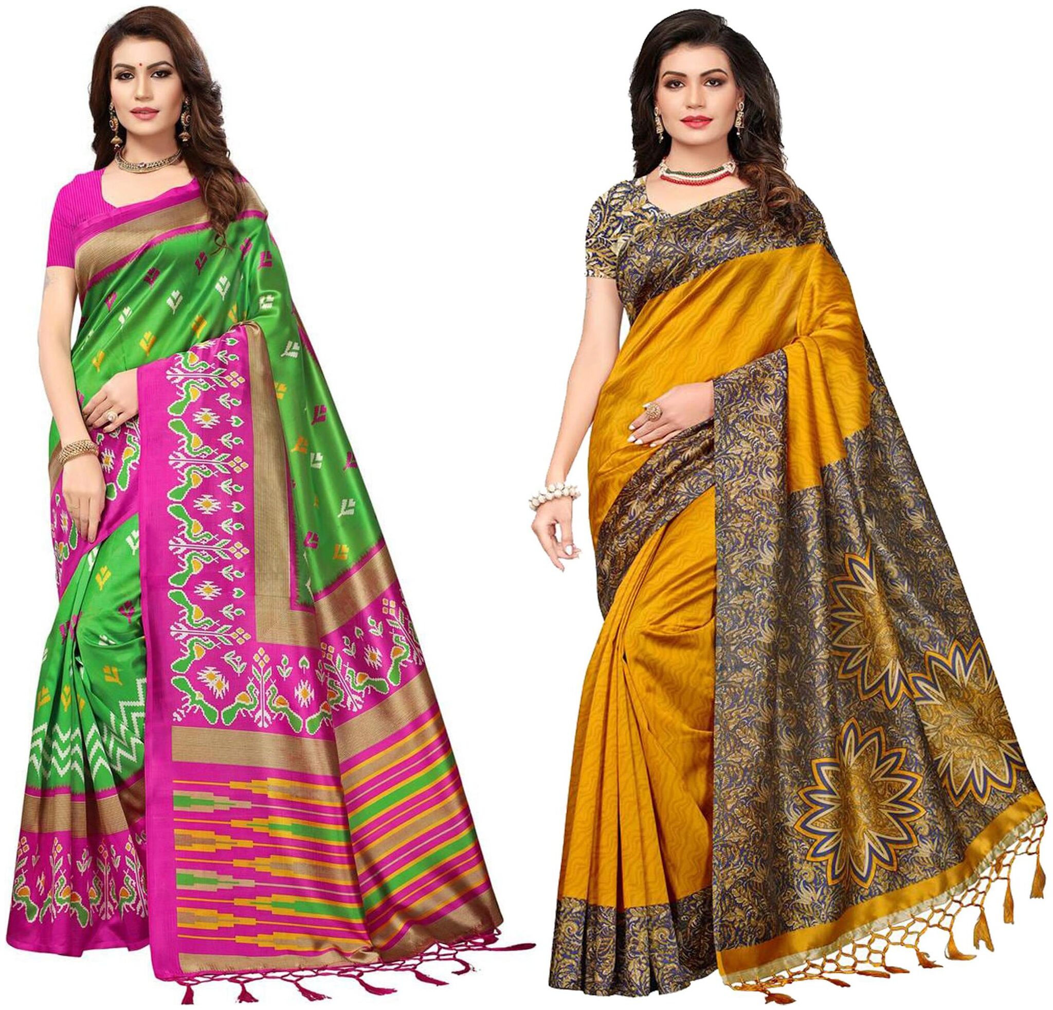 

Indian Beauty Women s Multi Color Art Mysore Silk With Tessals Printed Saree With Blouse Piece (Pack of 2 Multi Color Free Size)