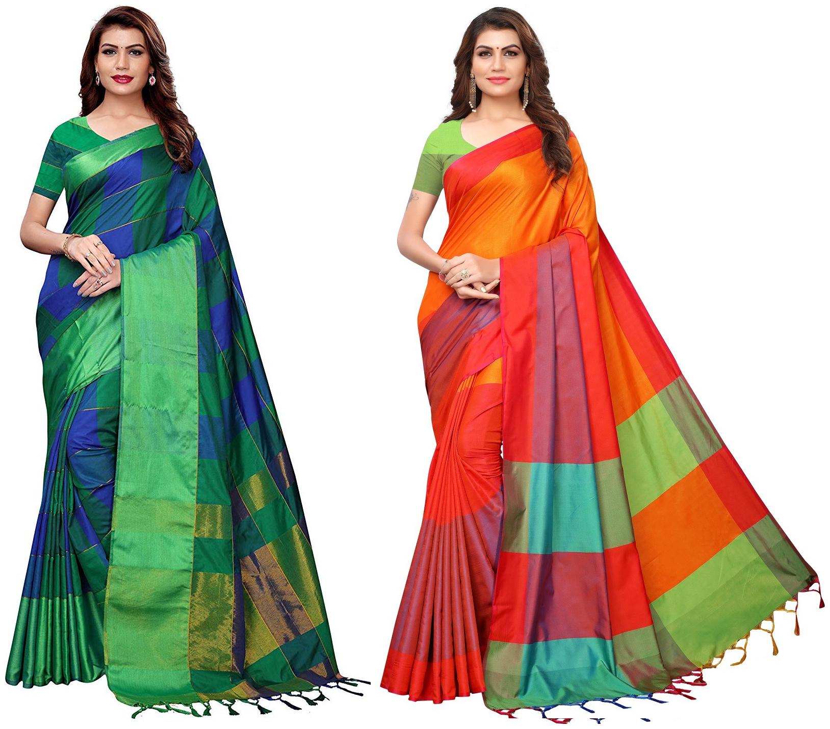 

Indian Beauty Womens Multi Color Cotton Silk Blend Plain Pack Of 2 Sarees With Blouse Piece