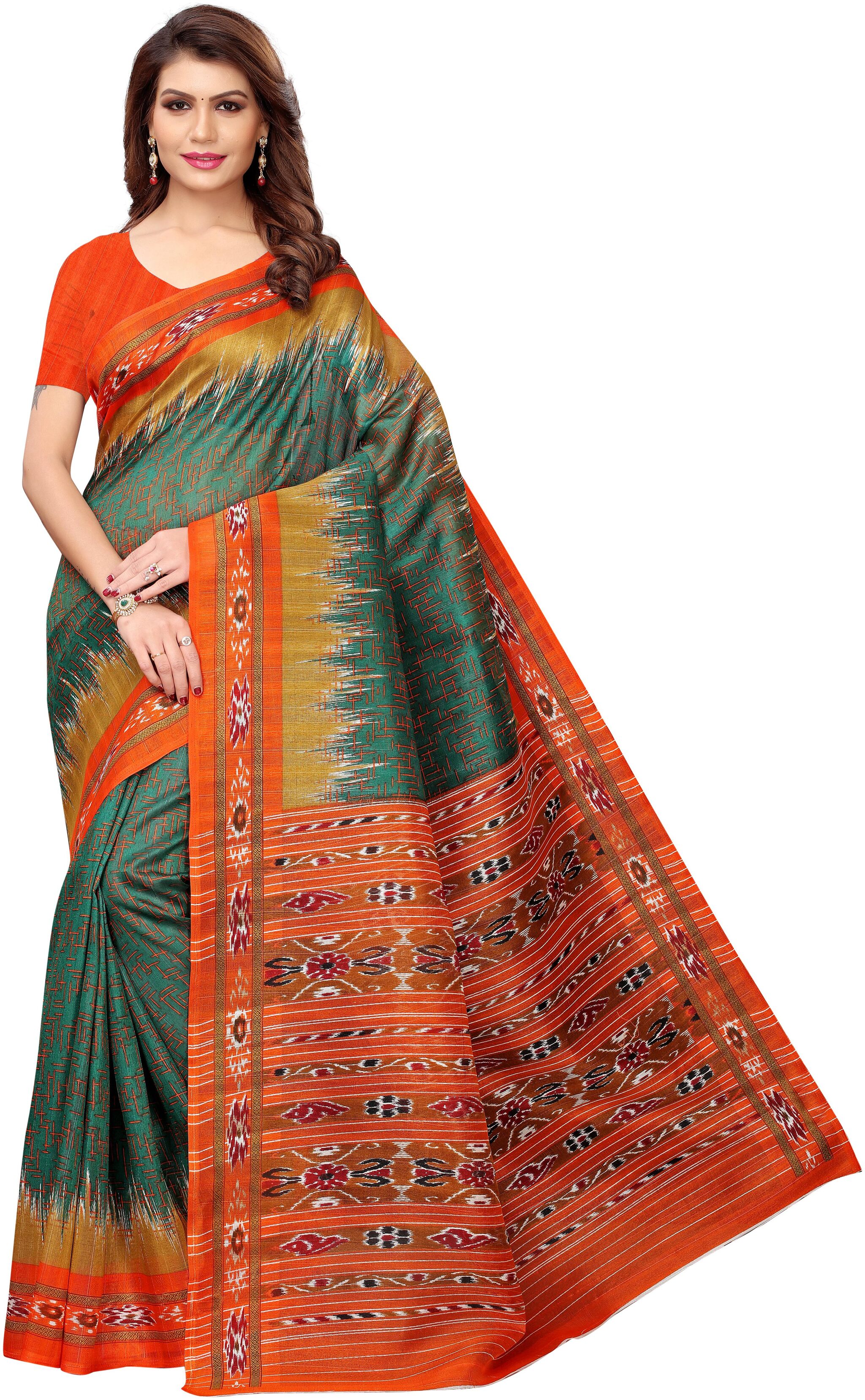 

Indian Beauty Women Green Color Bhagalpuri Silk Printed Saree With Blouse pcs (PADMAVATI GREEN Free Size)