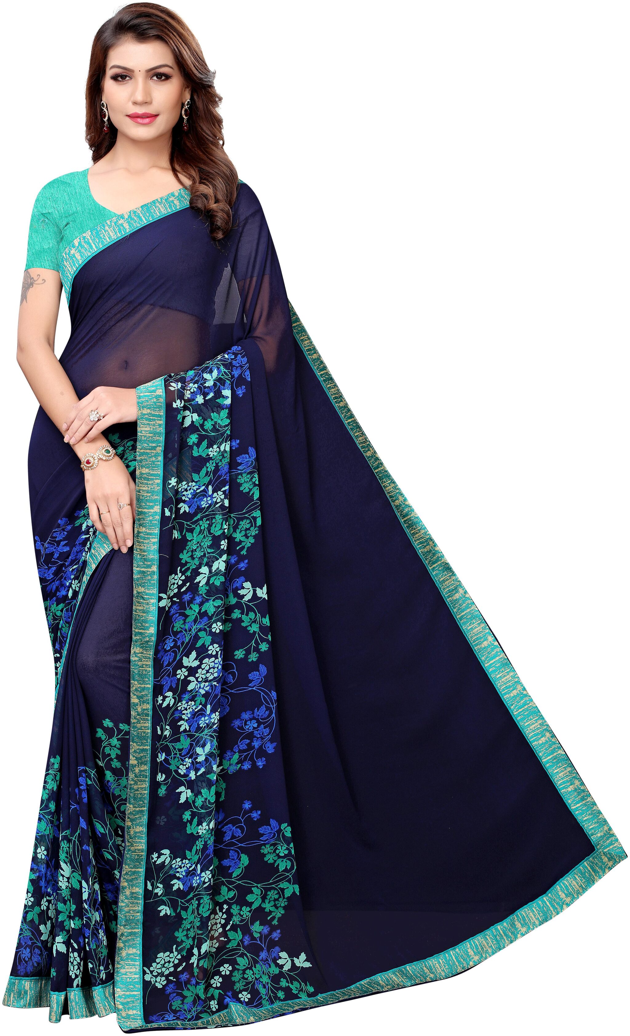 

Indian Beauty Women Blue Color Georgette Printed Saree With Blouse Piece
