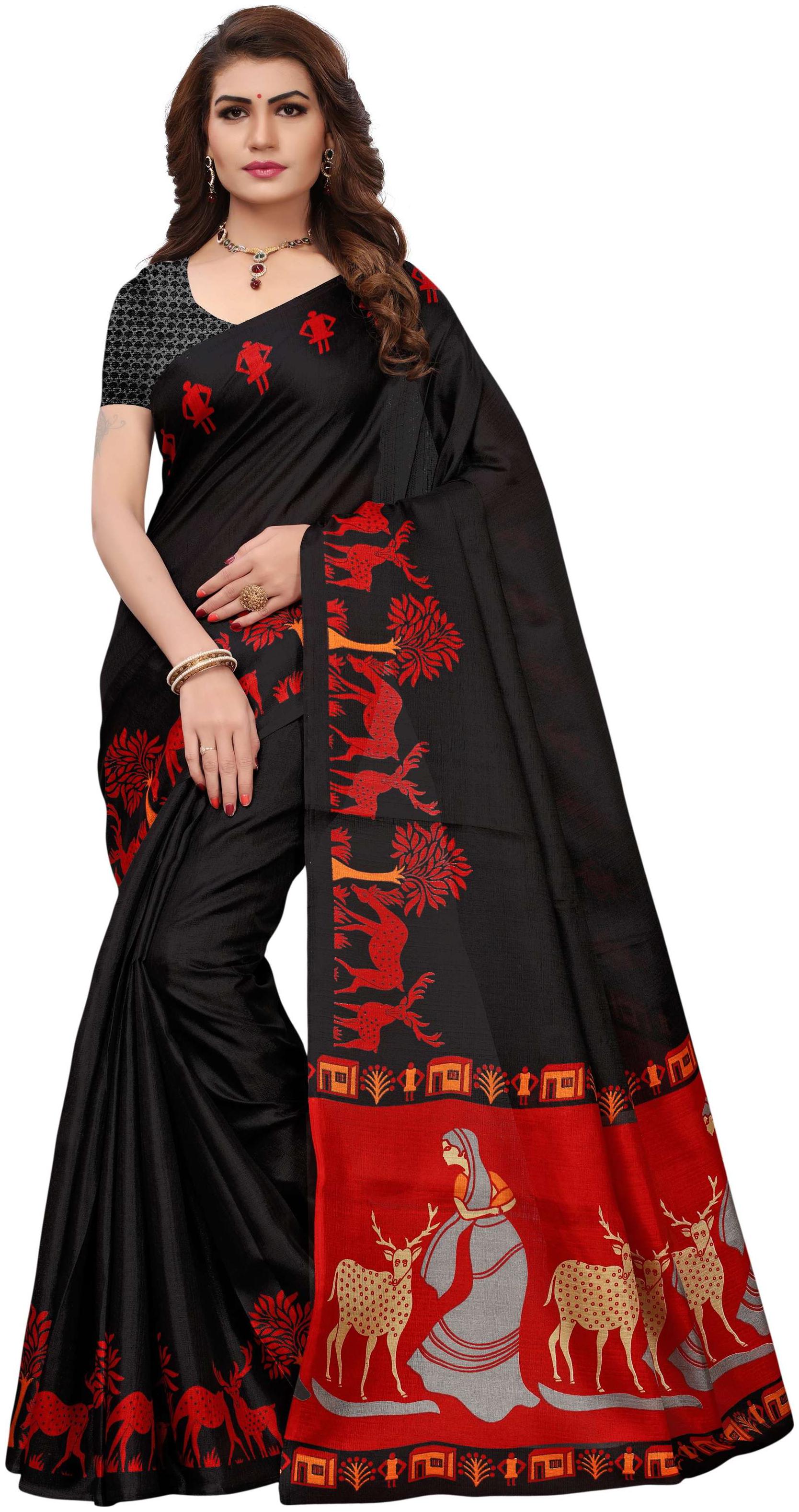 

Indian Beauty Women s Black Khadi Blend With Blouse Printed Sarees