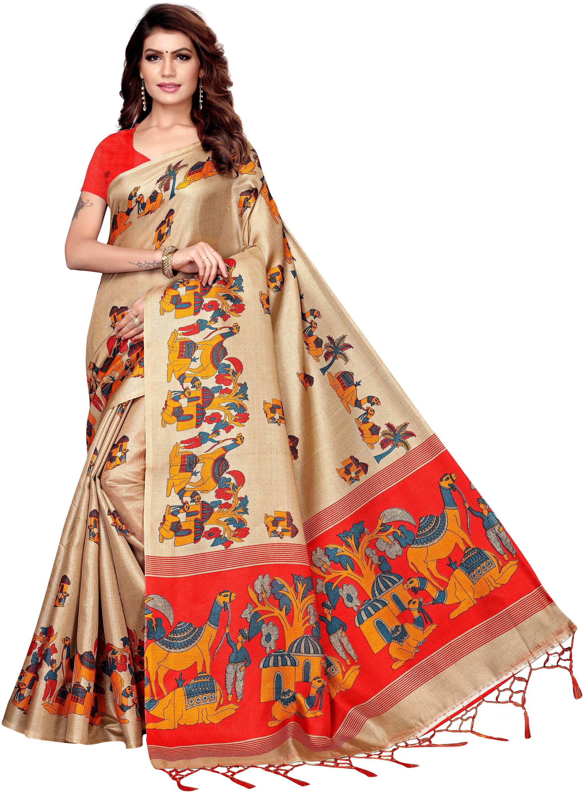 

Indian Beauty Womens Beige Color Kalamkari Silk Printed Saree Border Tassels With Blouse pcs(CAMEL CHIKU Free Size)