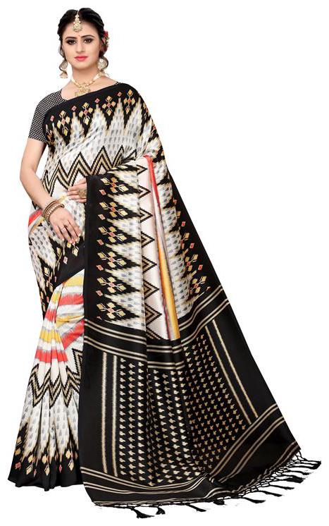 

Indian Beauty Women Multi Color Mysore Silk Printed Saree Border Tassels With Blouse Piece