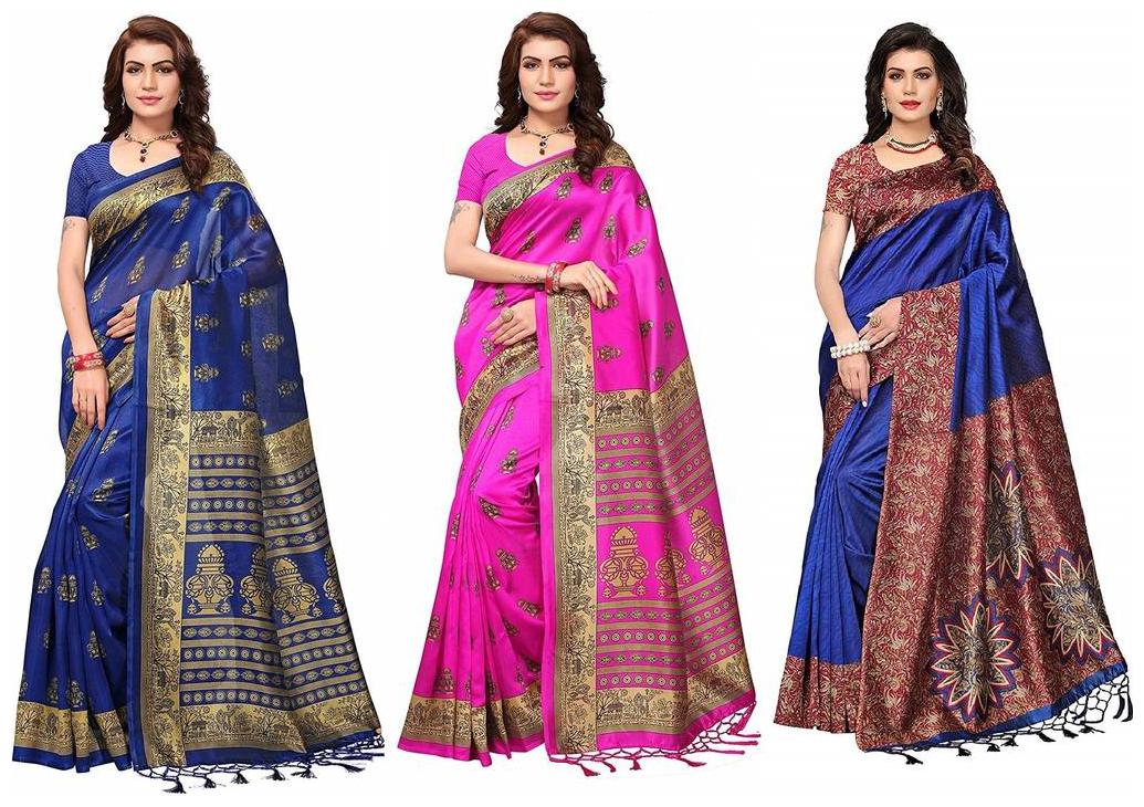 

Indian Beauty Women s Art Mysore Khadi Silk Saree With Blouse Piece Pack of 3