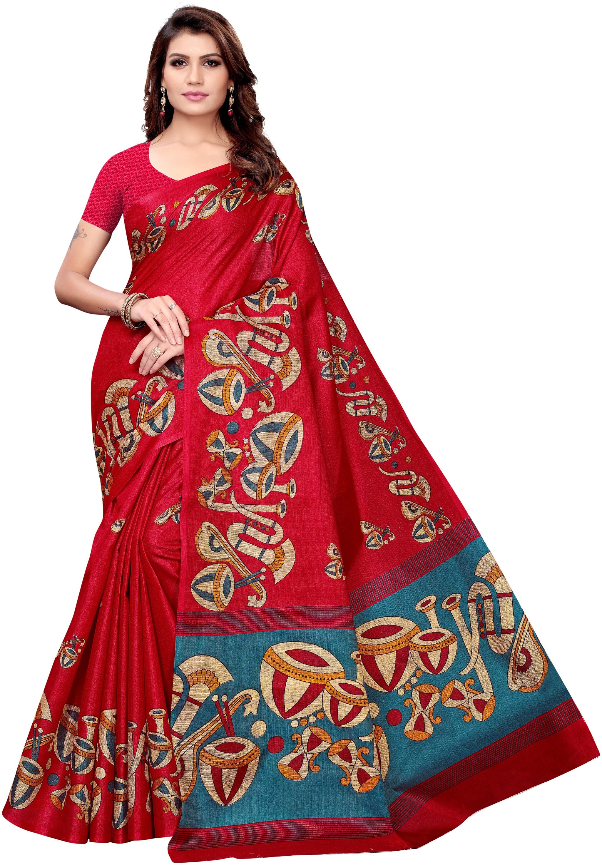

Indian Beauty Women Red Color Kalamkari Silk Printed Saree With Blouse Piece
