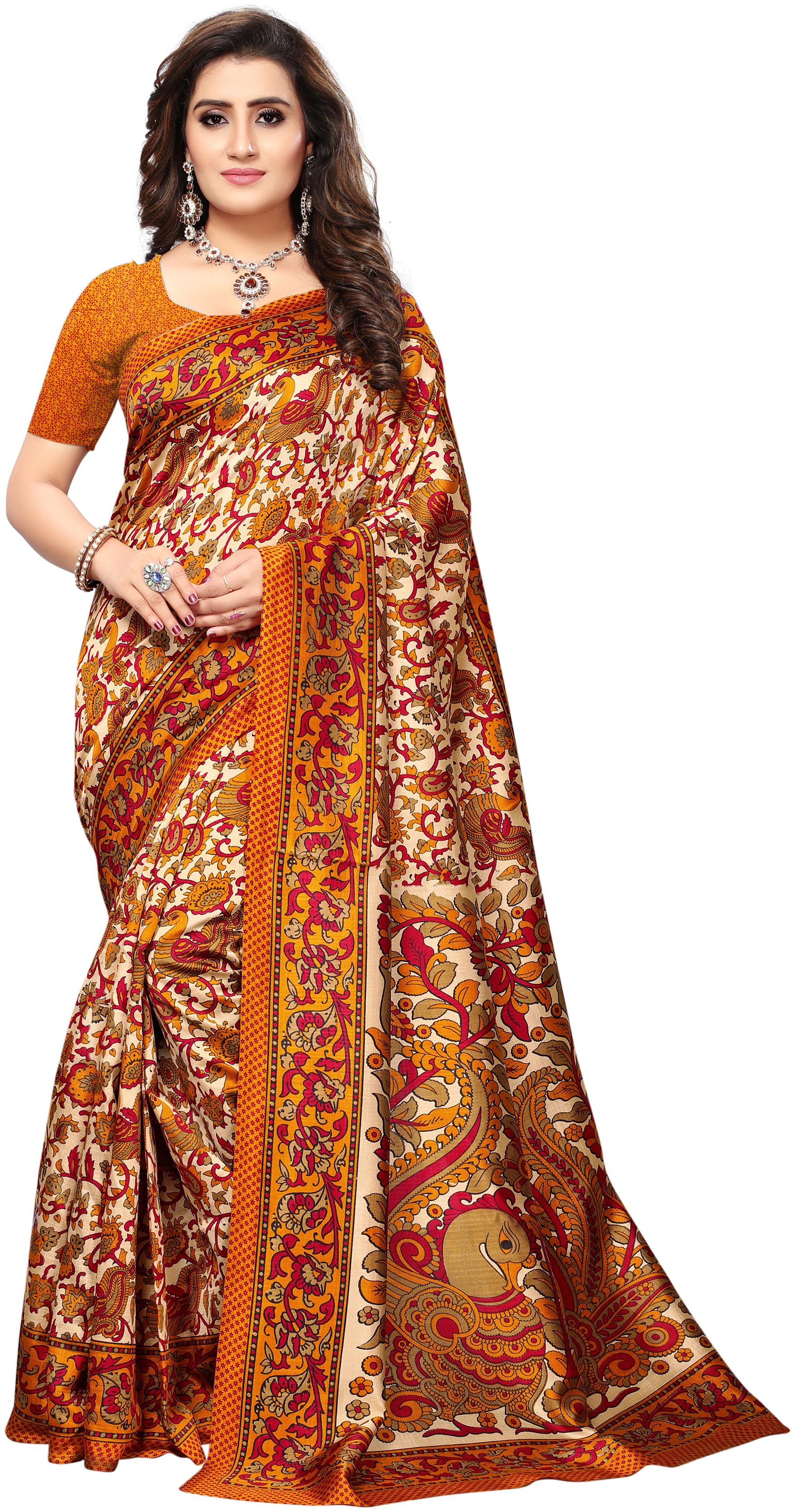 

Indian Beauty Women s Yellow Color Khadi Silk Printed Saree With Blouse