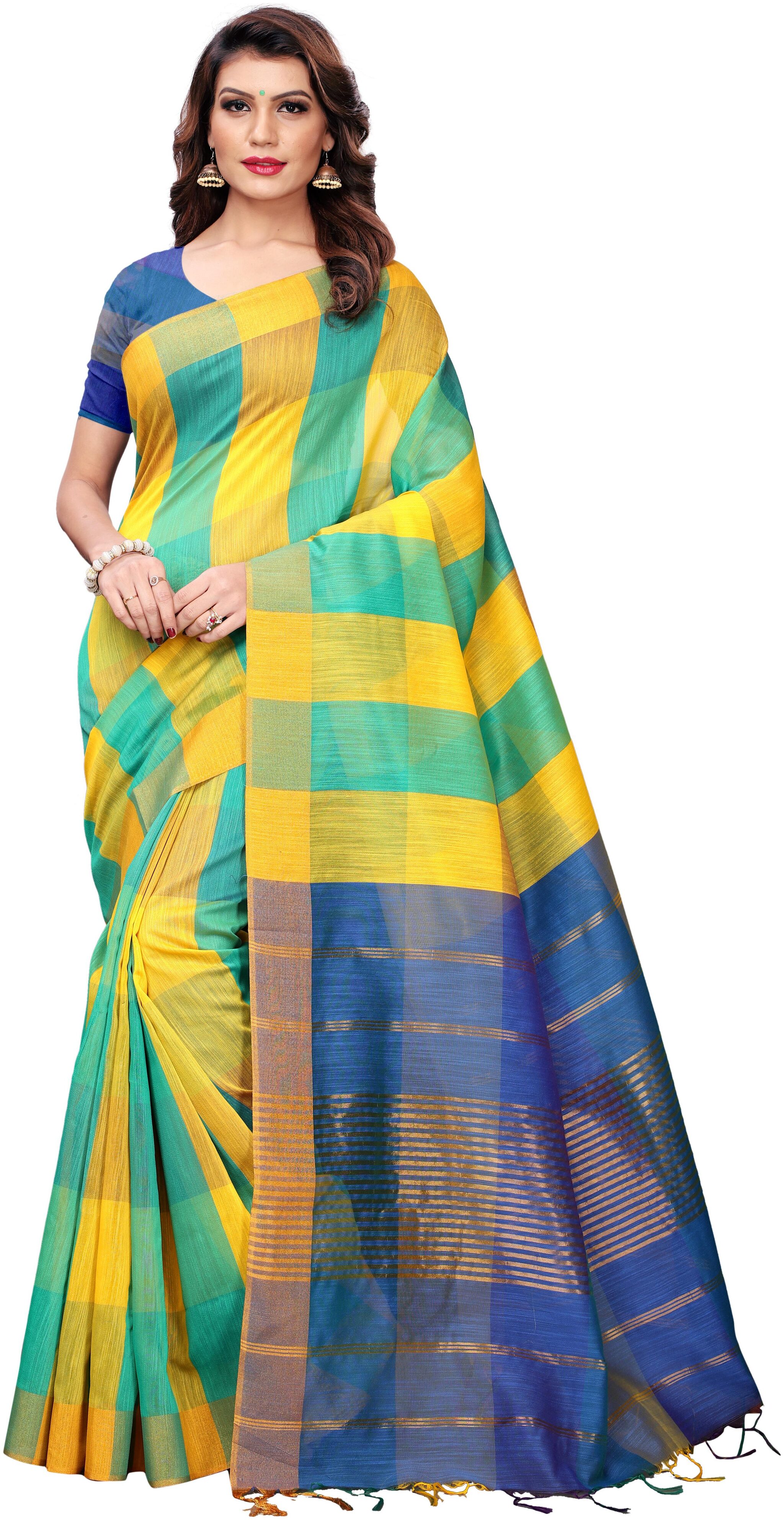 

Indian Beauty Green Striped Universal Regular Saree With Blouse With blouse