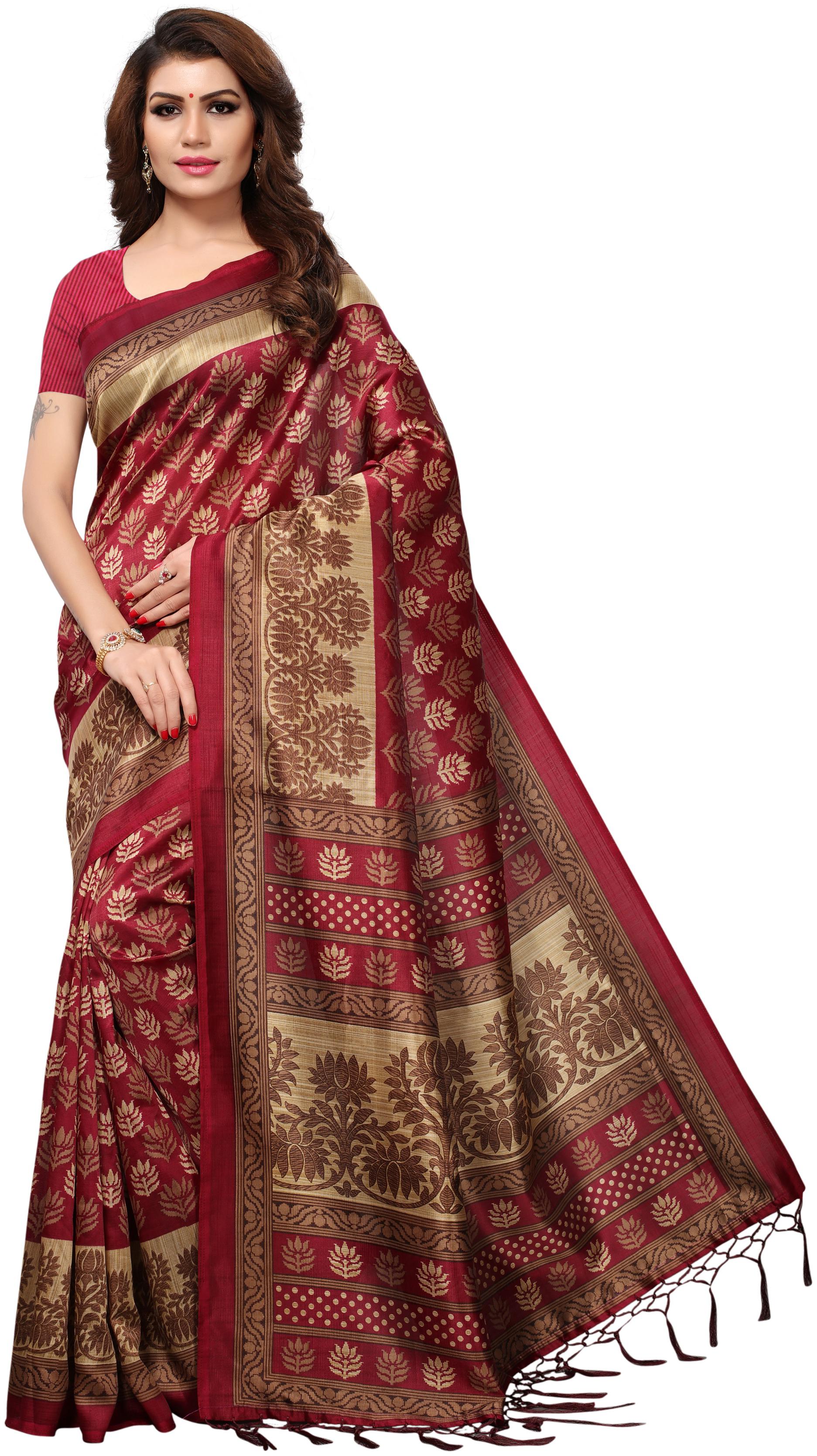 

Indian Beauty Women Red Color Mysore Art Silk Printed Saree Border Tassels With Blouse Piece