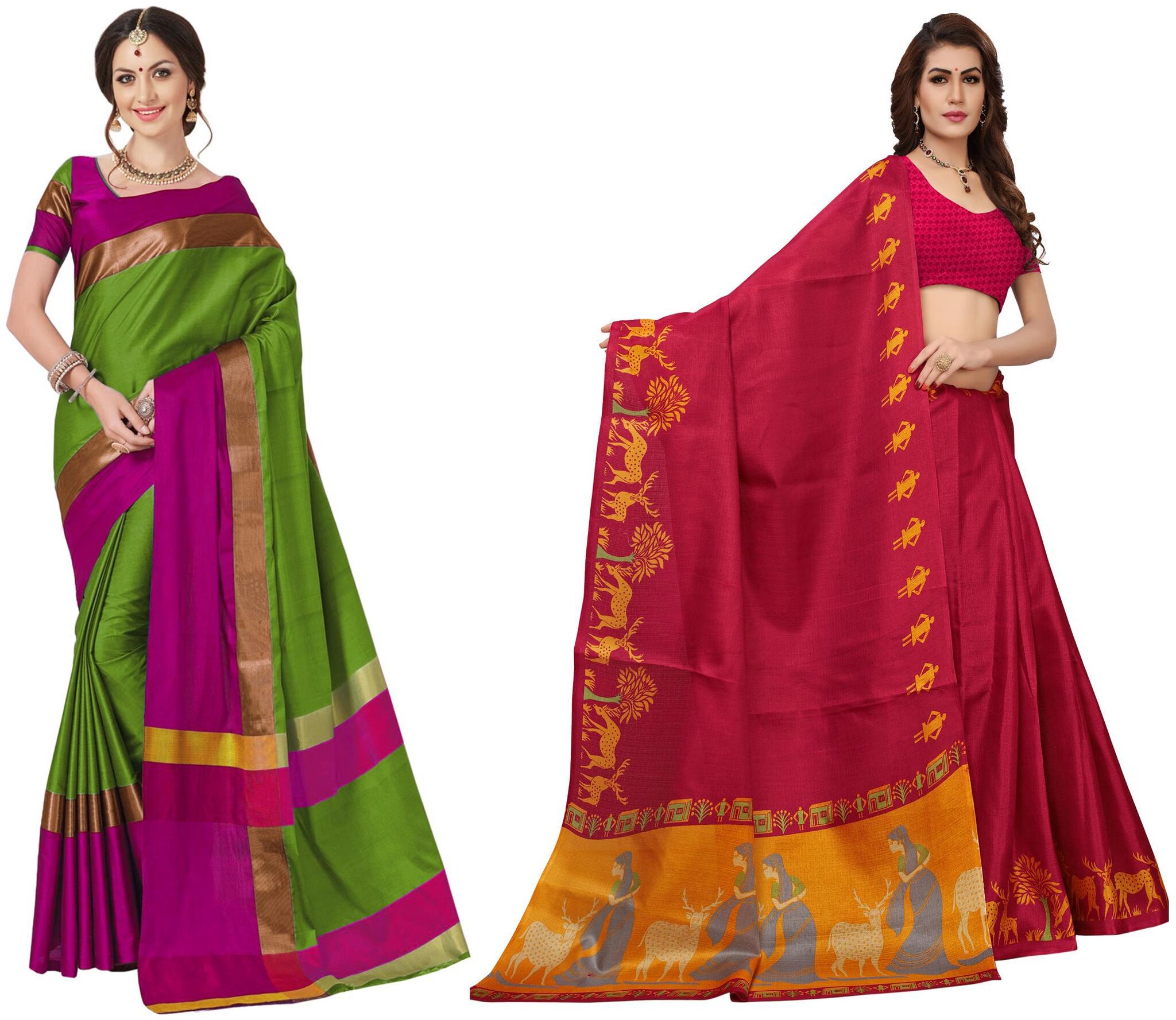 

Indian Beauty Women s Multi Color Art Cotton Blend Silk Printed Saree With Blouse Piece (Pack of 2 Multi Color Free Size)