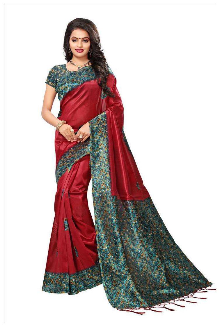 

Indian Beauty Women s Red Color Mysore Silk With Tessals Saree With Blouse Piece