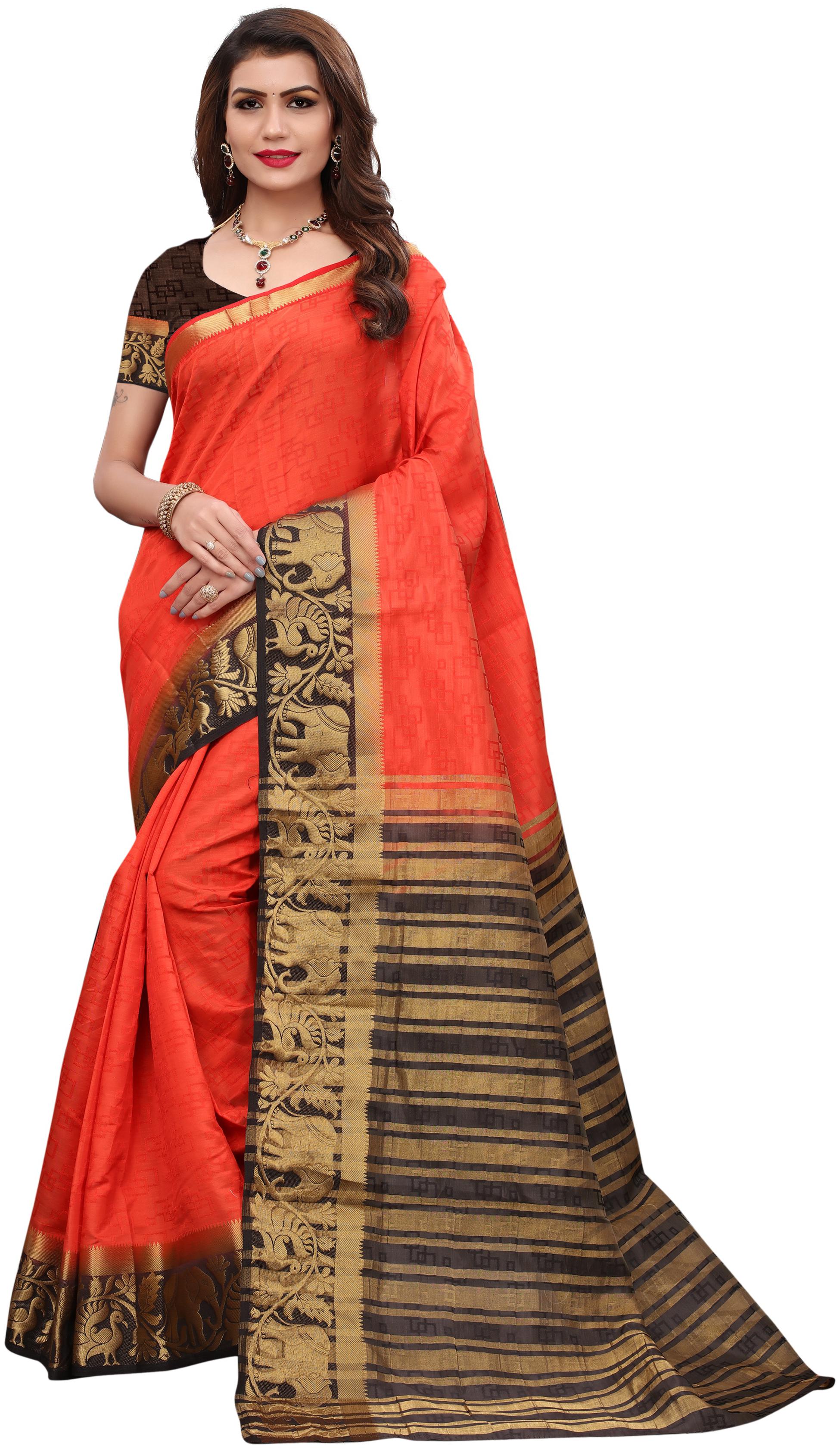 

Indian Beauty Women Red Color Kanjivaram Silk Jecqured Border Saree With Blouse Piece