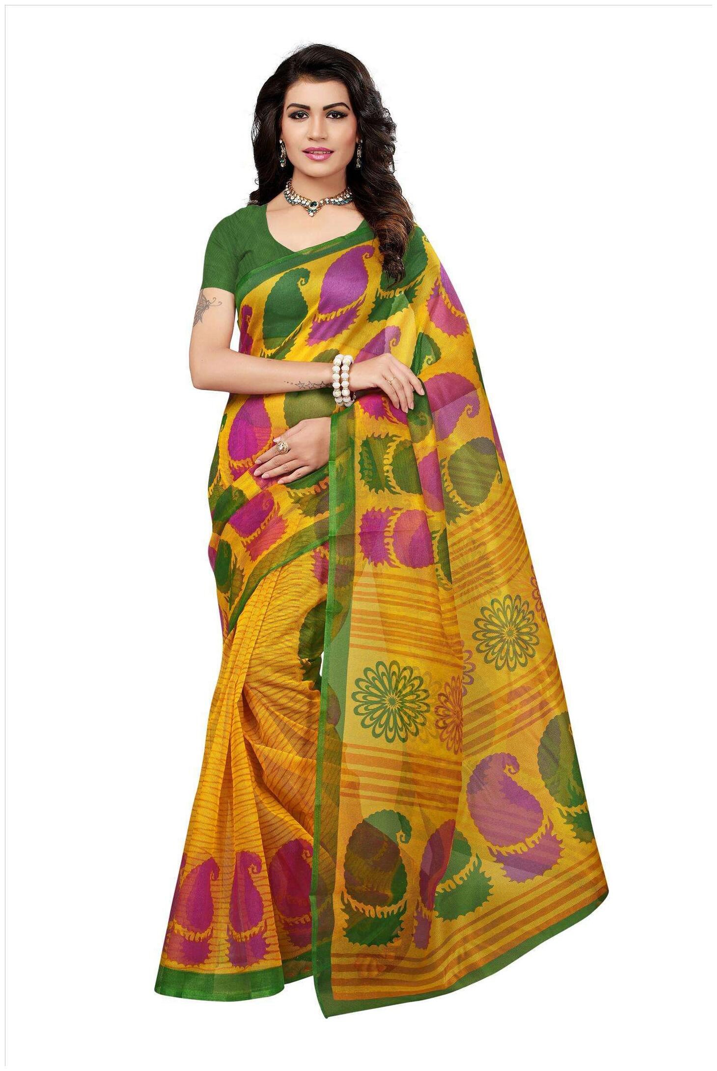 

Indian Beauty Women s Yellow Color Kota Doria Printed Saree With Blouse