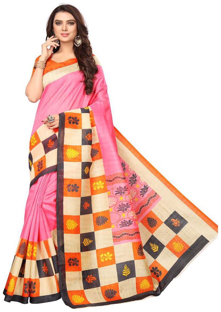 

Indian Beauty Women s Pink Color Art Silk Printed Saree With Blouse